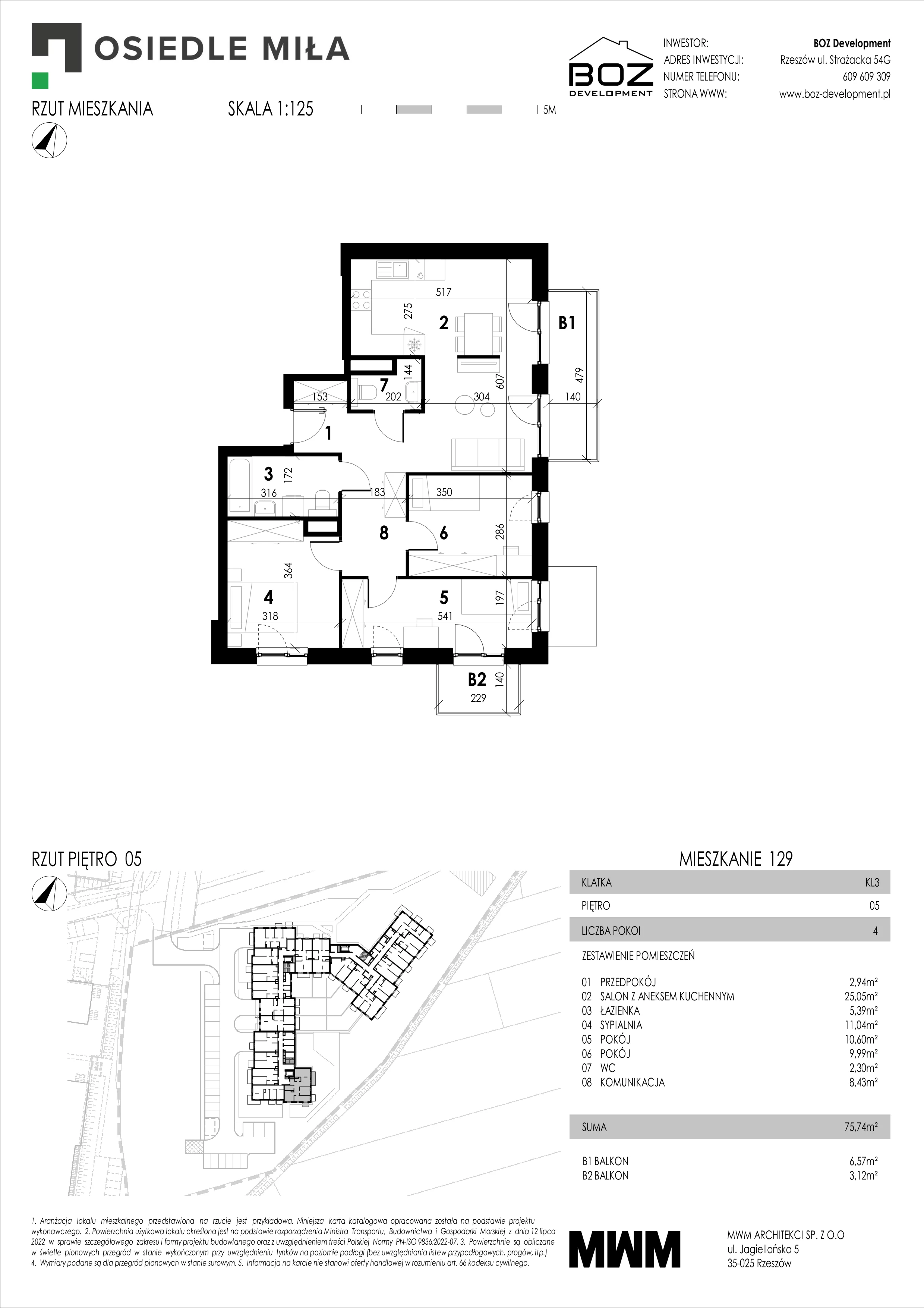 4 pokoje, mieszkanie 75,74 m², piętro 5, oferta nr 129, Strażacka 54G, Rzeszów, Drabinianka, ul. Strażacka 54