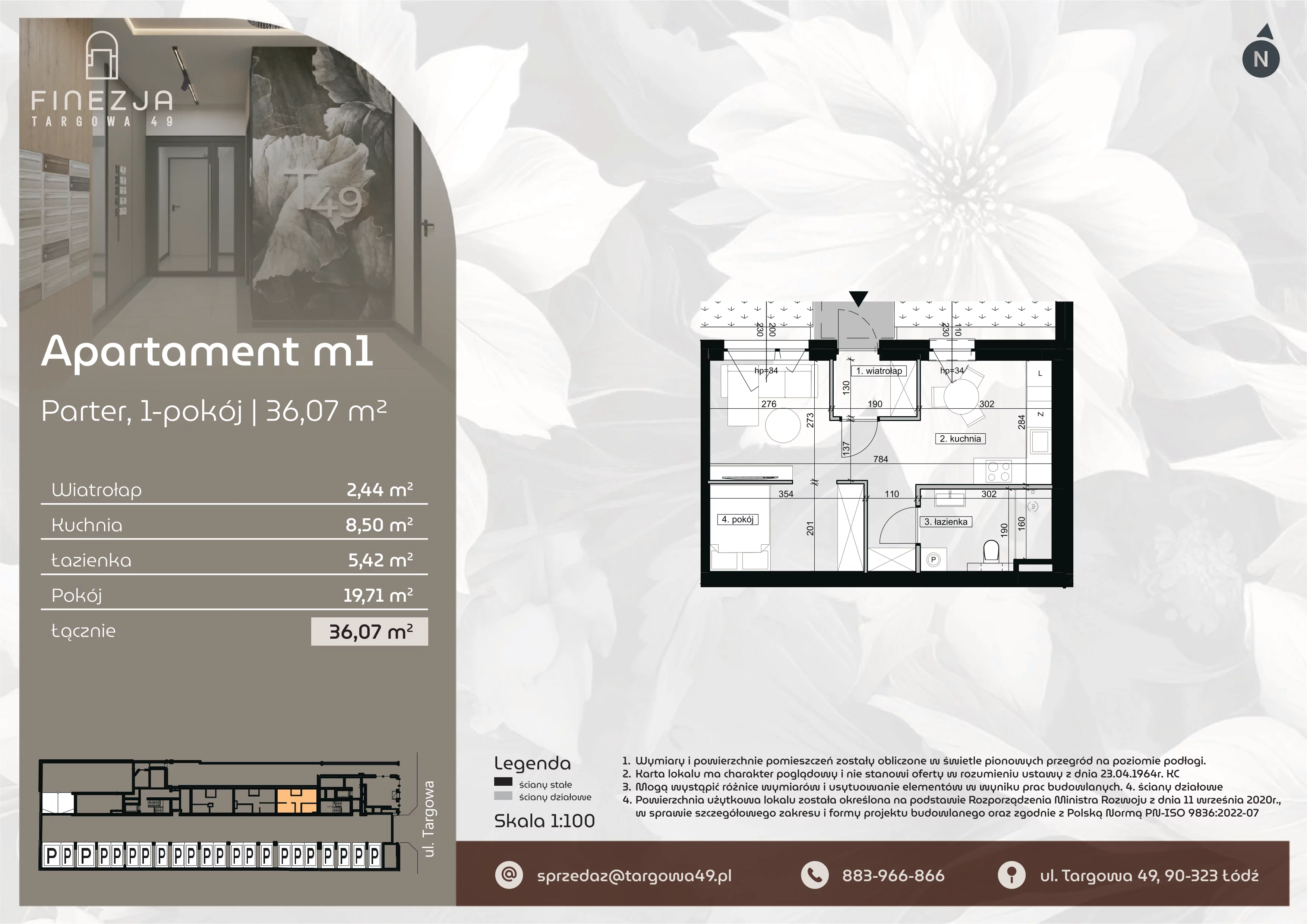 1 pokój, mieszkanie 36,07 m², parter, oferta nr M1, Apartamenty Finezja, Łódź, Widzew, Stary Widzew, ul. Targowa 49