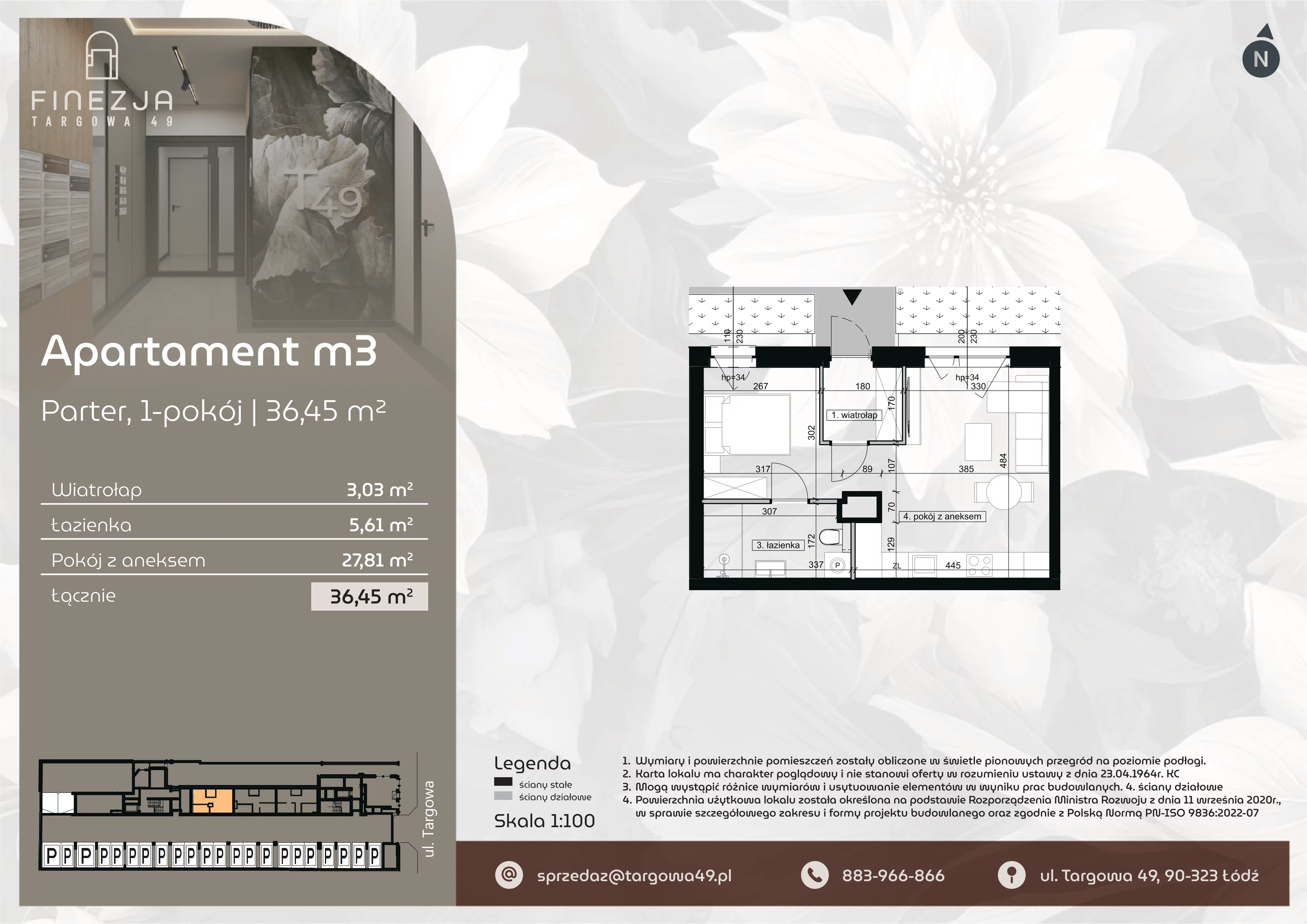 1 pokój, mieszkanie 36,45 m², parter, oferta nr M3, Apartamenty Finezja, Łódź, Widzew, Stary Widzew, ul. Targowa 49