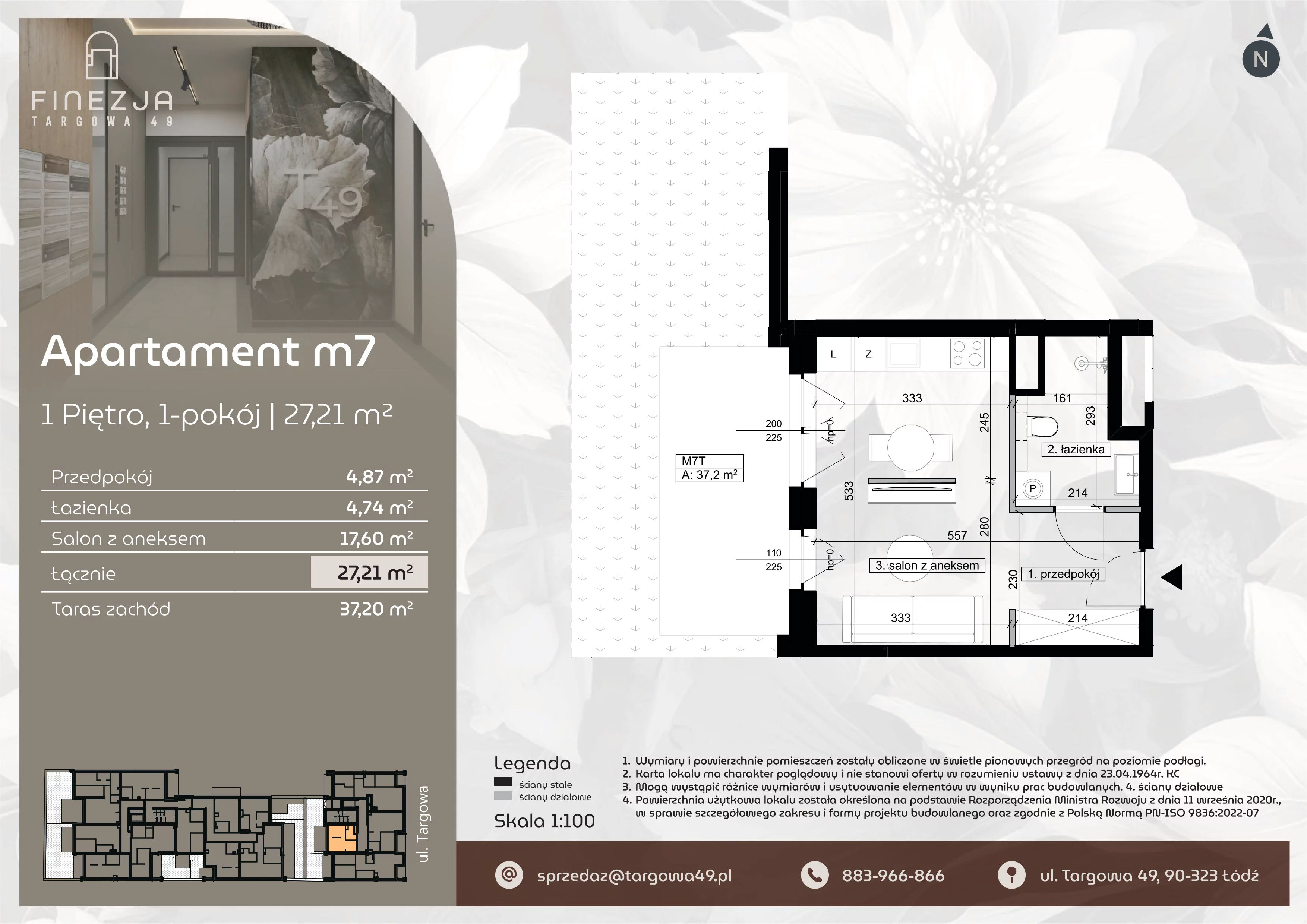 1 pokój, mieszkanie 27,21 m², piętro 1, oferta nr M7, Apartamenty Finezja, Łódź, Widzew, Stary Widzew, ul. Targowa 49
