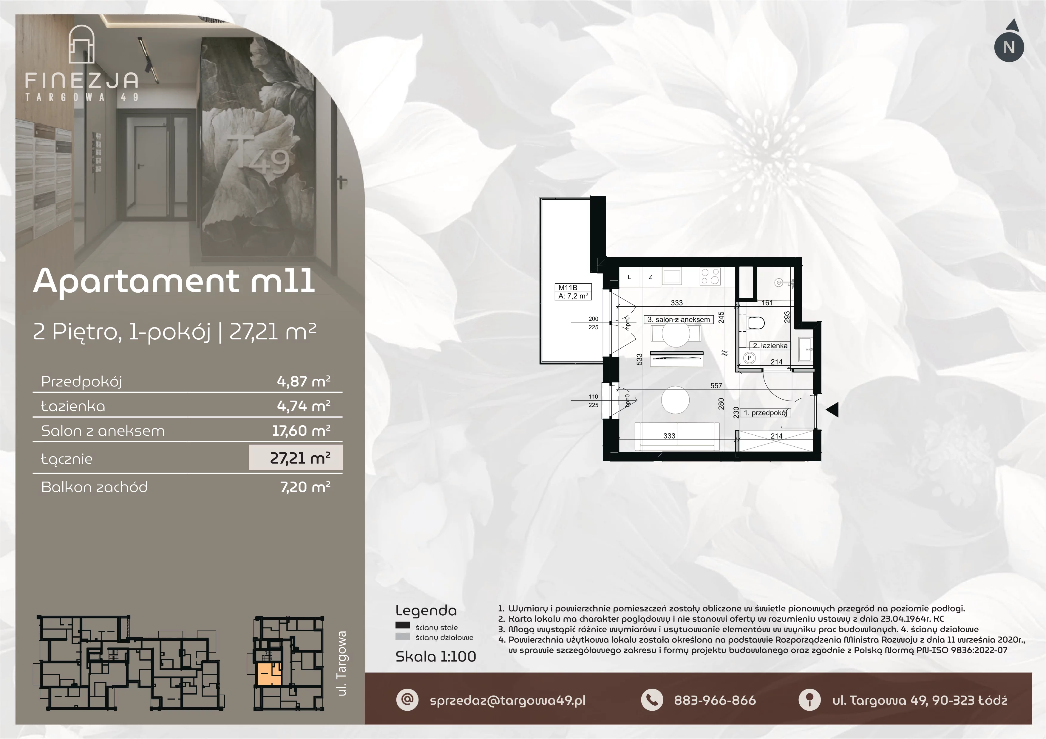 1 pokój, mieszkanie 27,21 m², piętro 2, oferta nr M11, Apartamenty Finezja, Łódź, Widzew, Stary Widzew, ul. Targowa 49