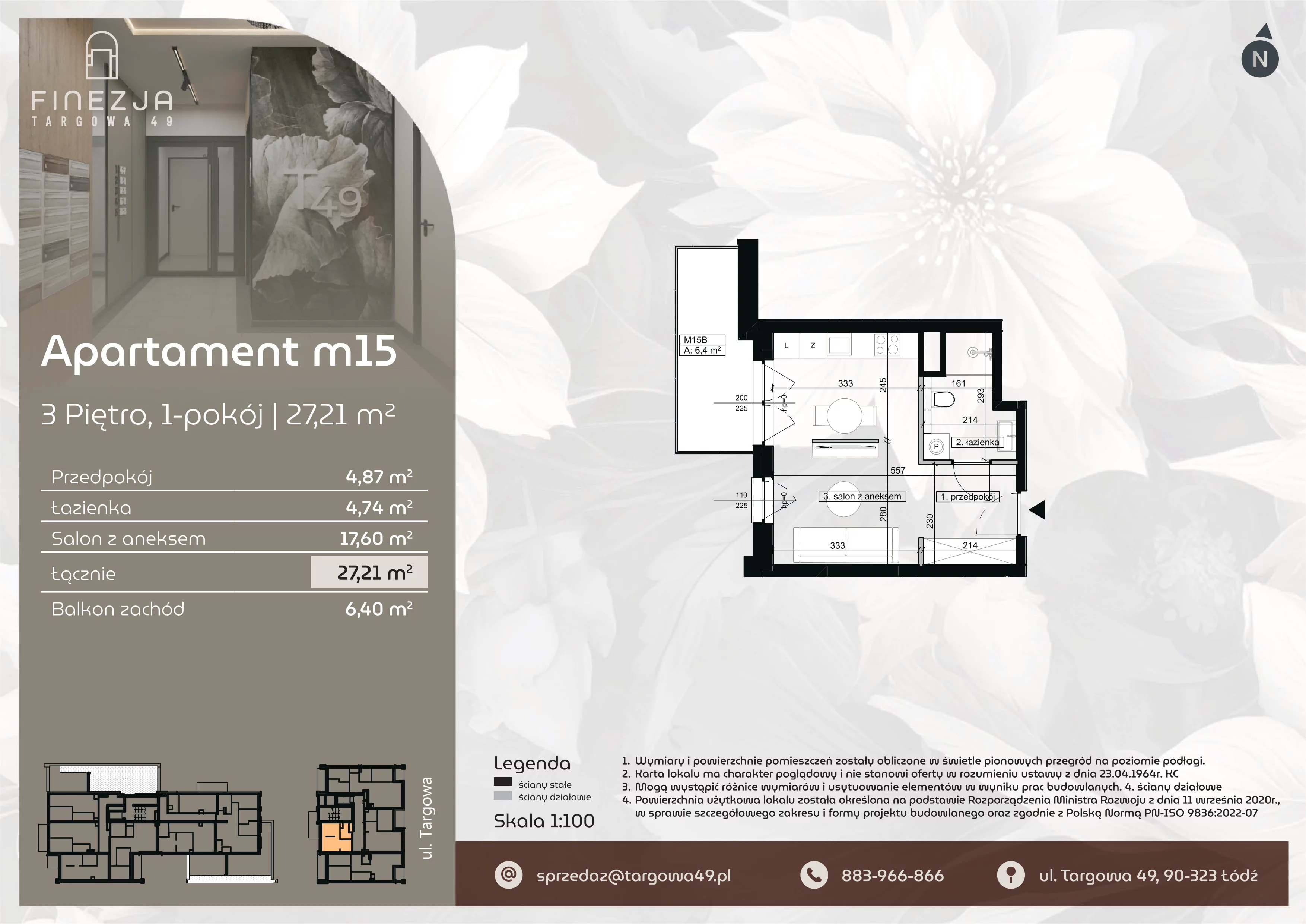 1 pokój, mieszkanie 27,21 m², piętro 3, oferta nr M15, Apartamenty Finezja, Łódź, Widzew, Stary Widzew, ul. Targowa 49