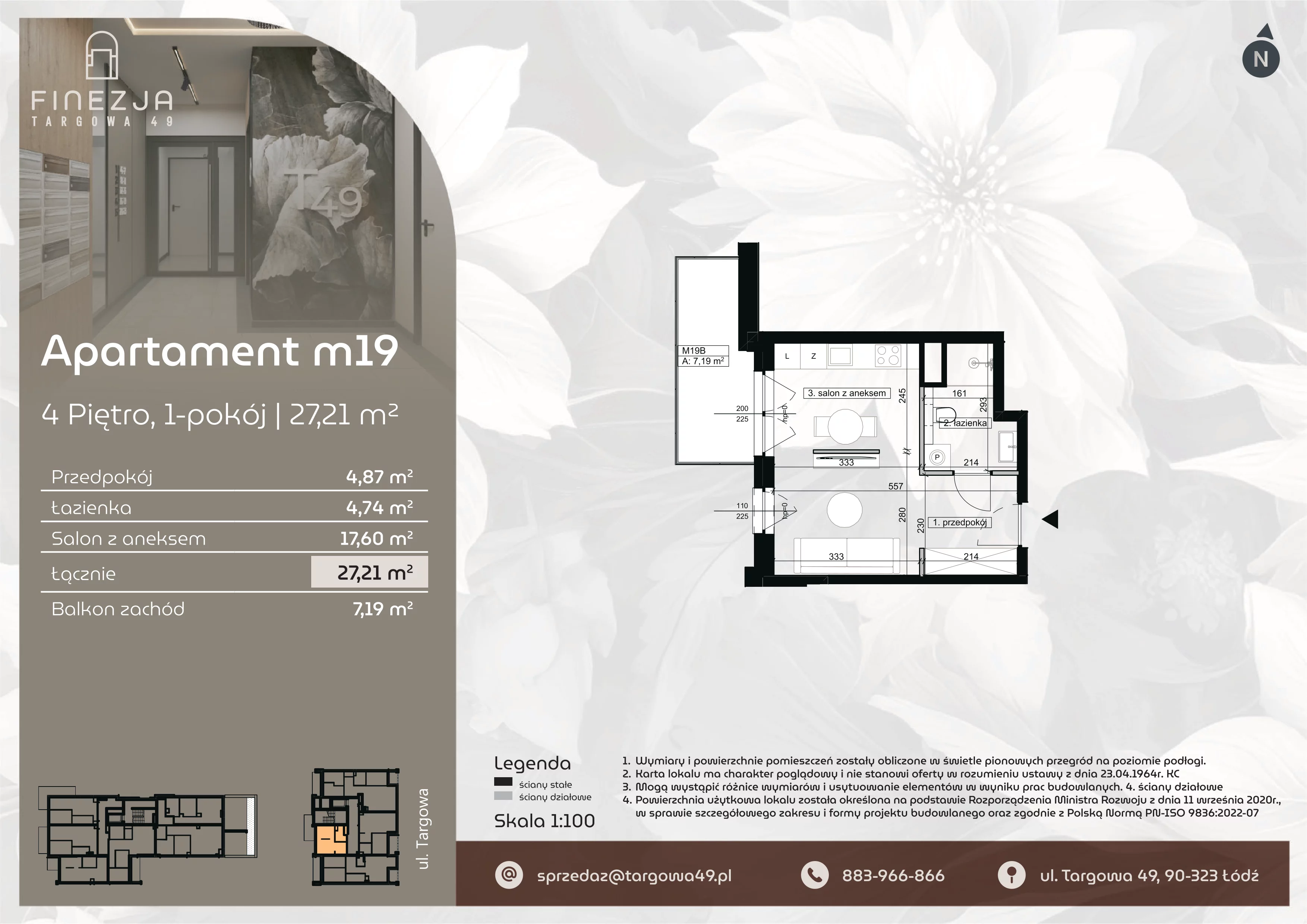 1 pokój, mieszkanie 27,21 m², piętro 4, oferta nr M19, Apartamenty Finezja, Łódź, Widzew, Stary Widzew, ul. Targowa 49