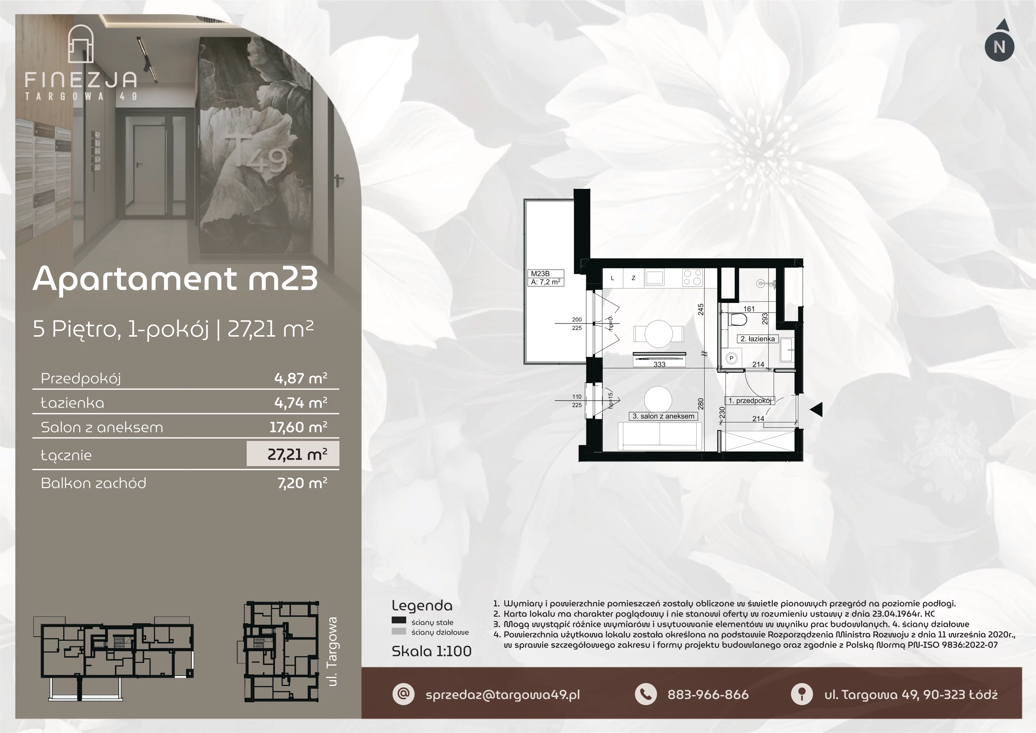 1 pokój, mieszkanie 27,21 m², piętro 5, oferta nr M23, Apartamenty Finezja, Łódź, Widzew, Stary Widzew, ul. Targowa 49
