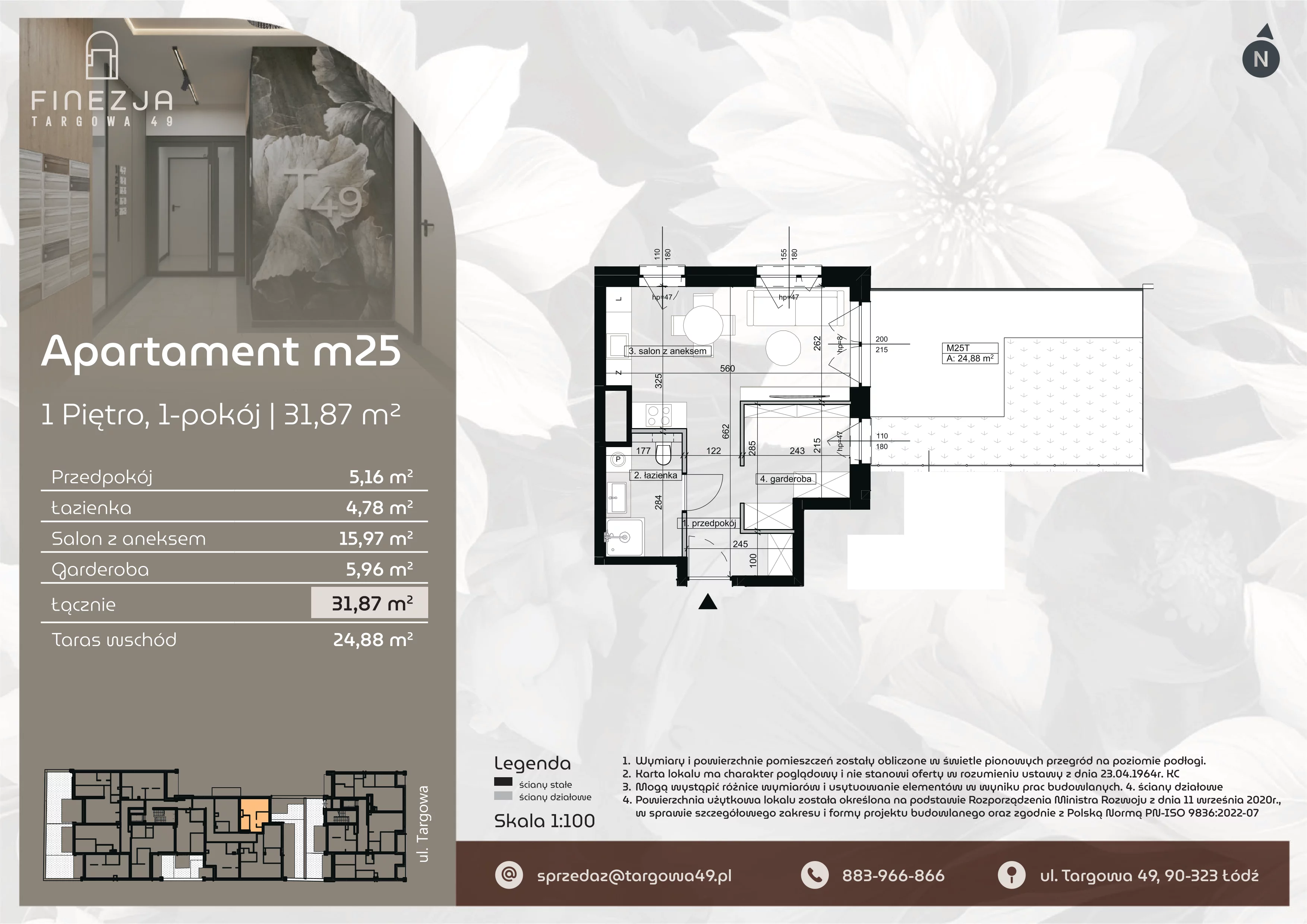 1 pokój, mieszkanie 31,87 m², piętro 1, oferta nr M25, Apartamenty Finezja, Łódź, Widzew, Stary Widzew, ul. Targowa 49