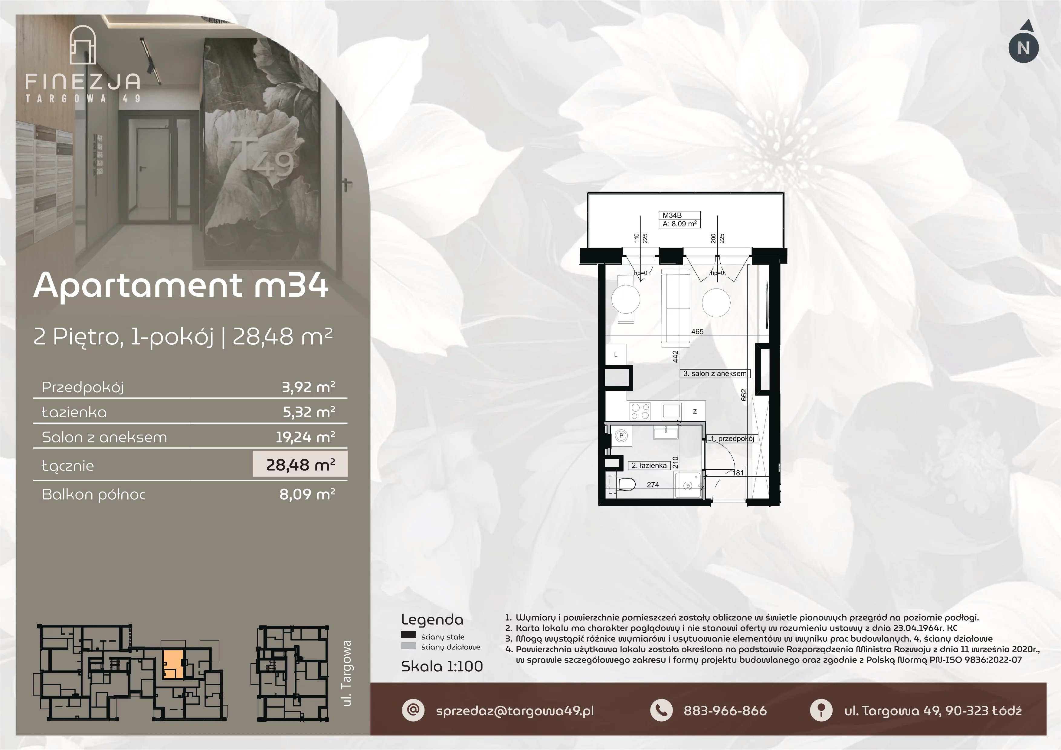 1 pokój, mieszkanie 28,48 m², piętro 2, oferta nr M34, Apartamenty Finezja, Łódź, Widzew, Stary Widzew, ul. Targowa 49