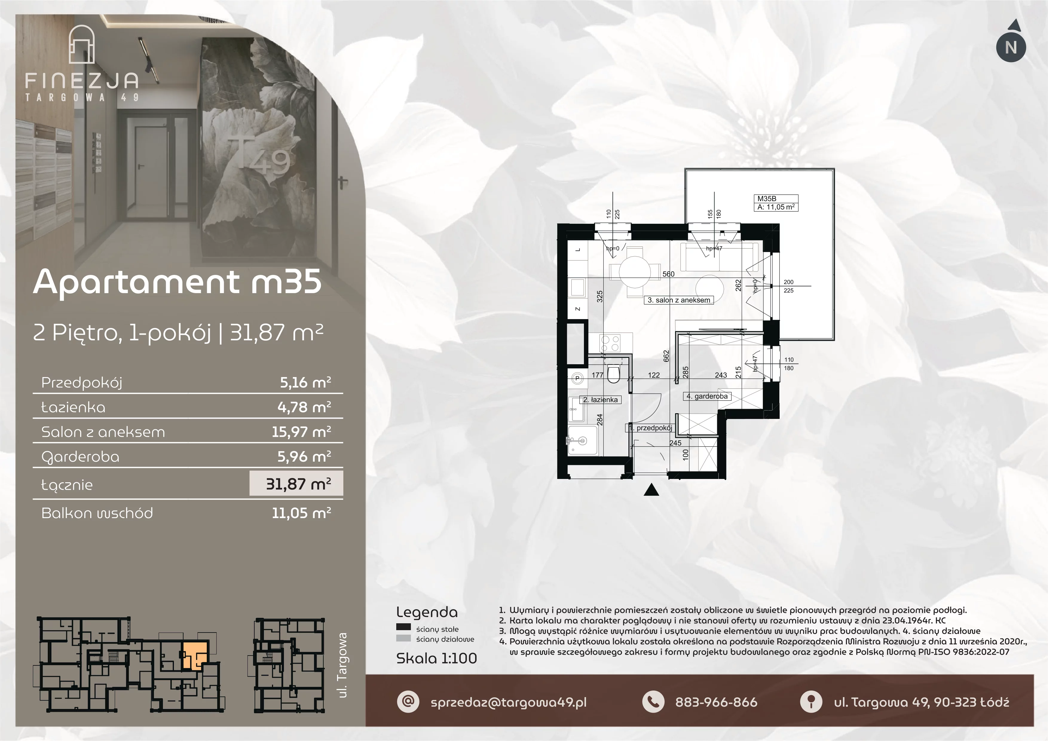 1 pokój, mieszkanie 31,87 m², piętro 2, oferta nr M35, Apartamenty Finezja, Łódź, Widzew, Stary Widzew, ul. Targowa 49