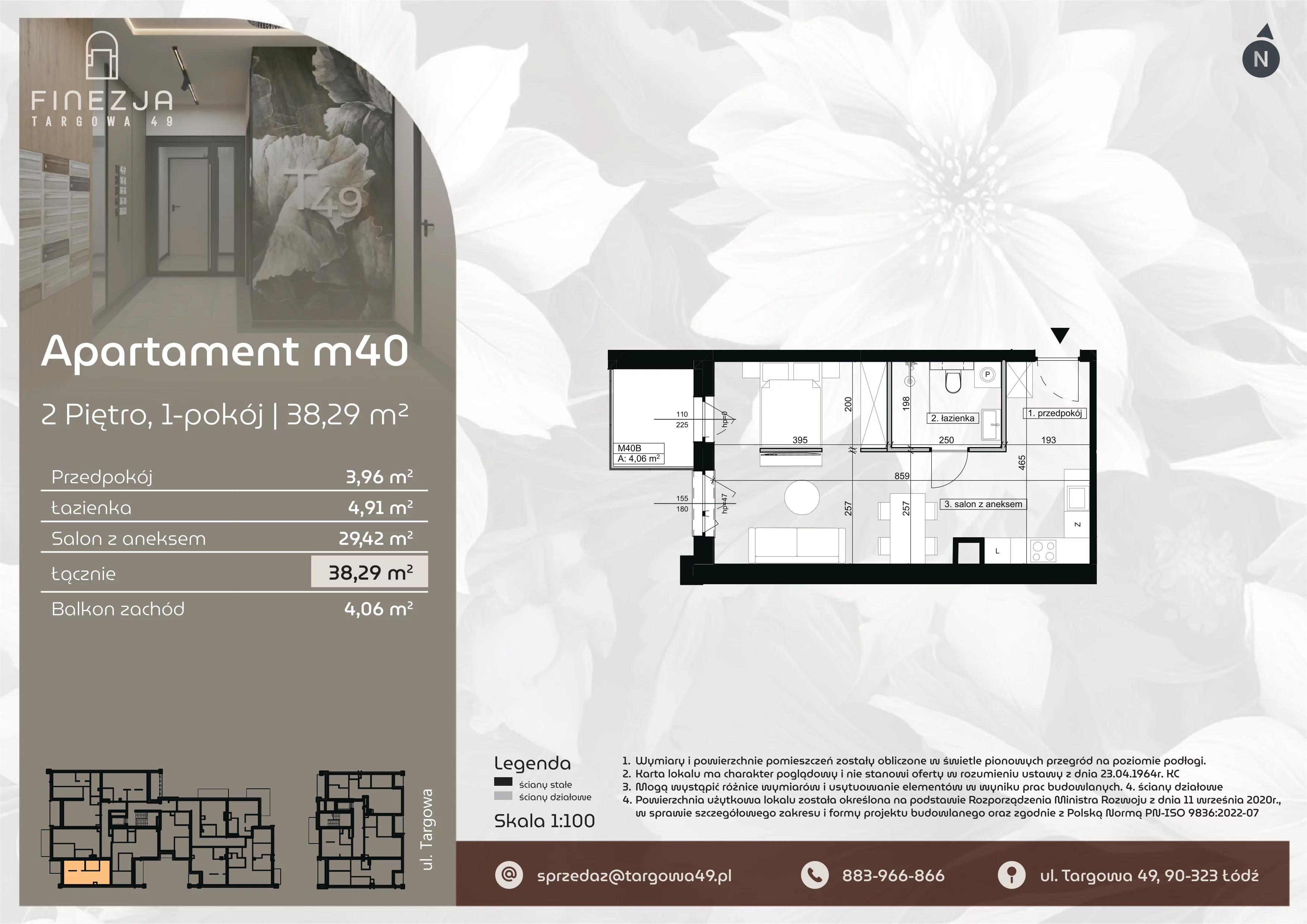 1 pokój, mieszkanie 38,29 m², piętro 2, oferta nr M40, Apartamenty Finezja, Łódź, Widzew, Stary Widzew, ul. Targowa 49