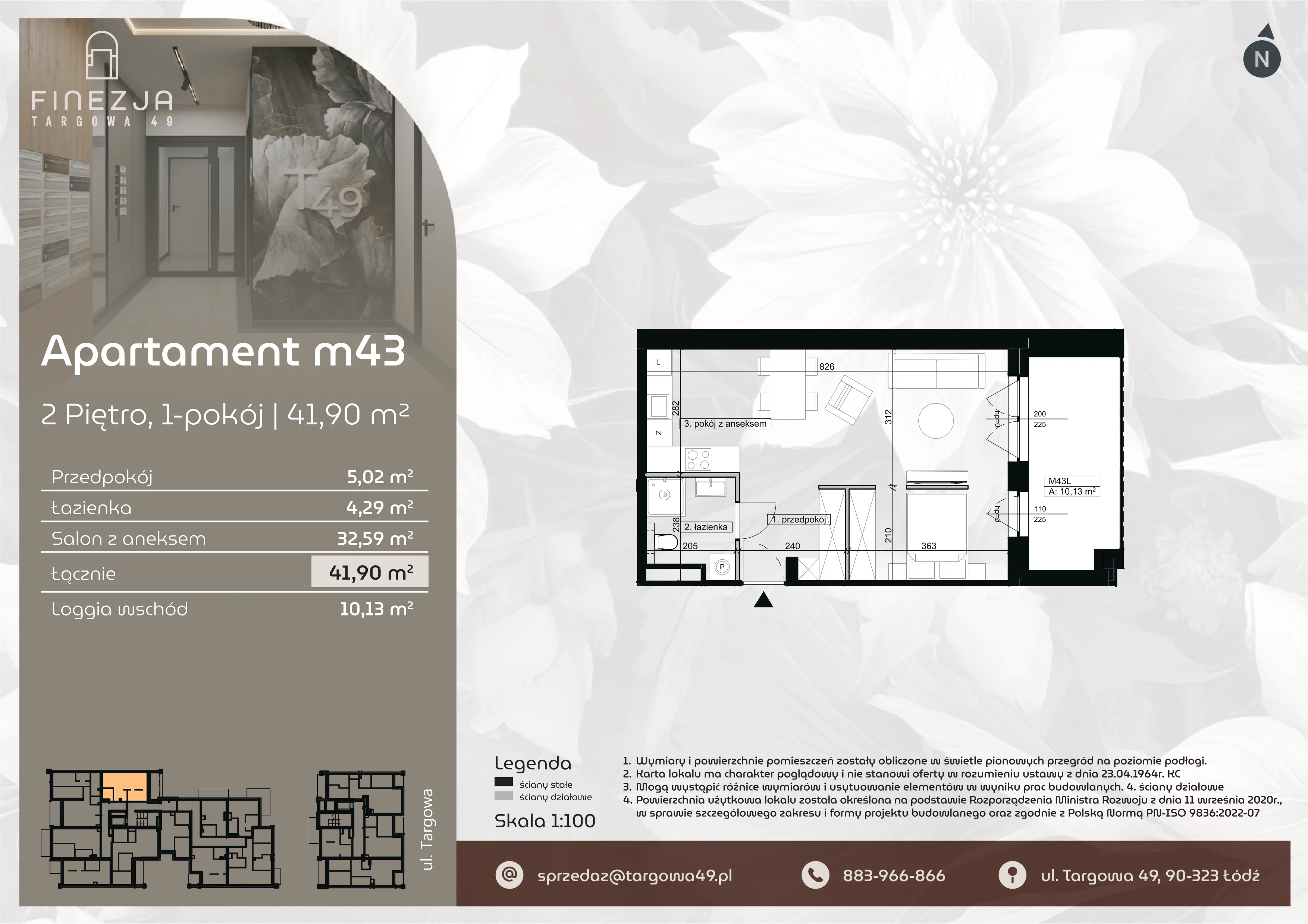 1 pokój, mieszkanie 41,90 m², piętro 2, oferta nr M43, Apartamenty Finezja, Łódź, Widzew, Stary Widzew, ul. Targowa 49