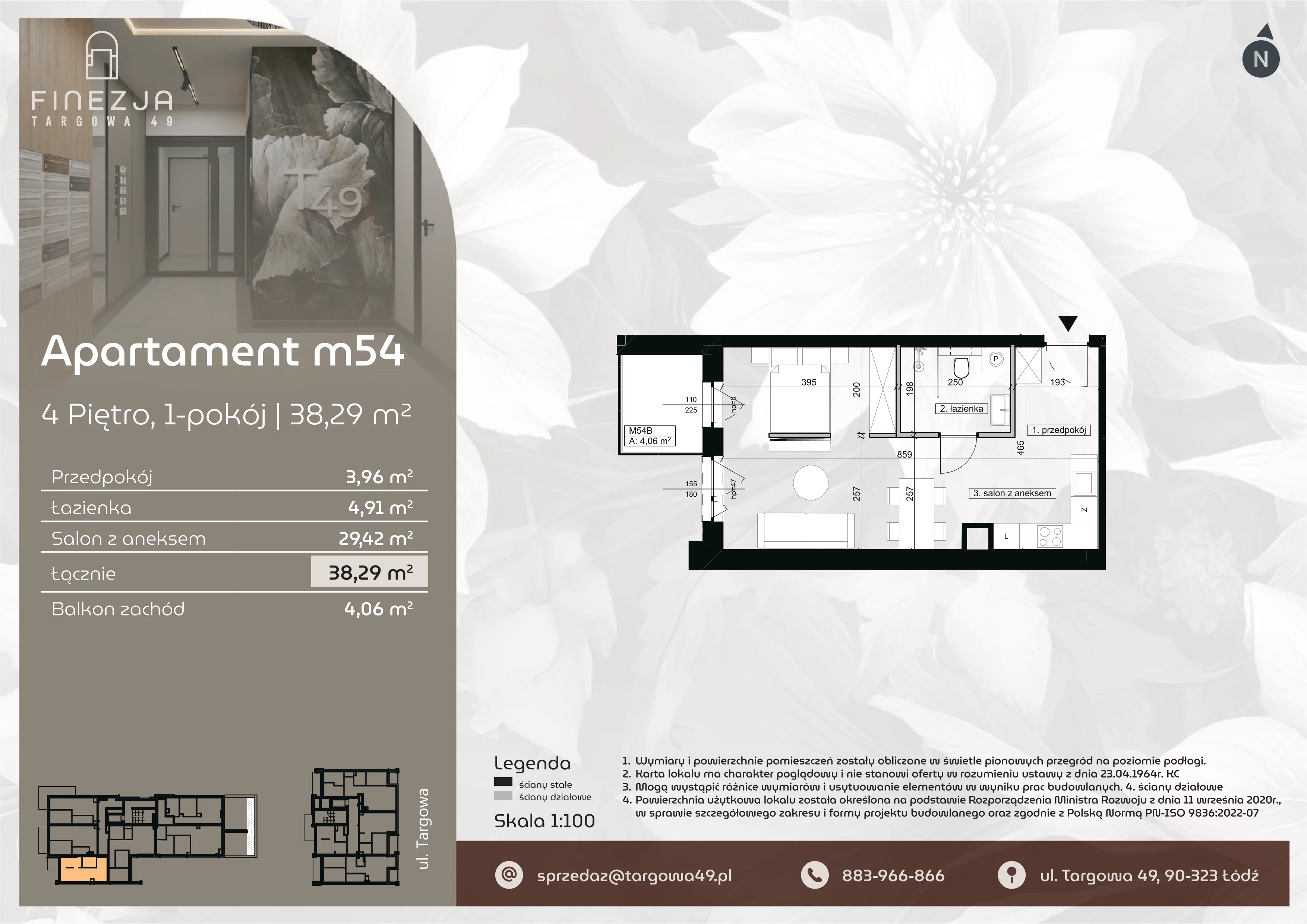 1 pokój, mieszkanie 38,29 m², piętro 4, oferta nr M54, Apartamenty Finezja, Łódź, Widzew, Stary Widzew, ul. Targowa 49