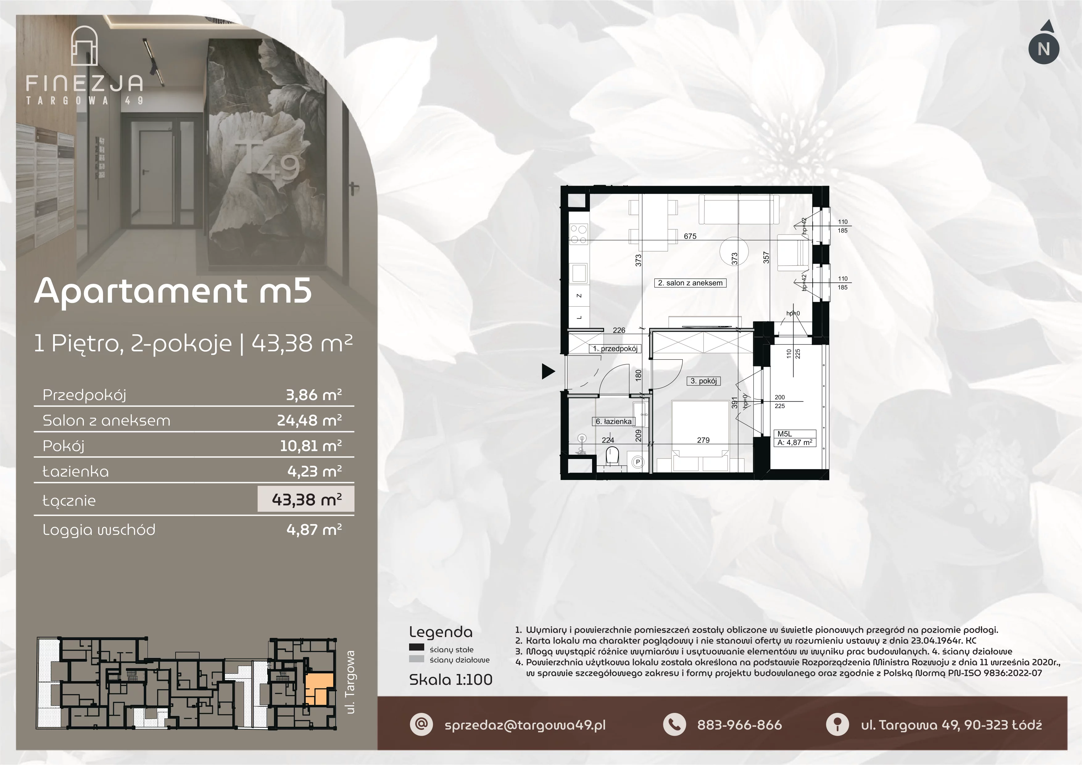 2 pokoje, mieszkanie 43,38 m², piętro 1, oferta nr M5, Apartamenty Finezja, Łódź, Widzew, Stary Widzew, ul. Targowa 49