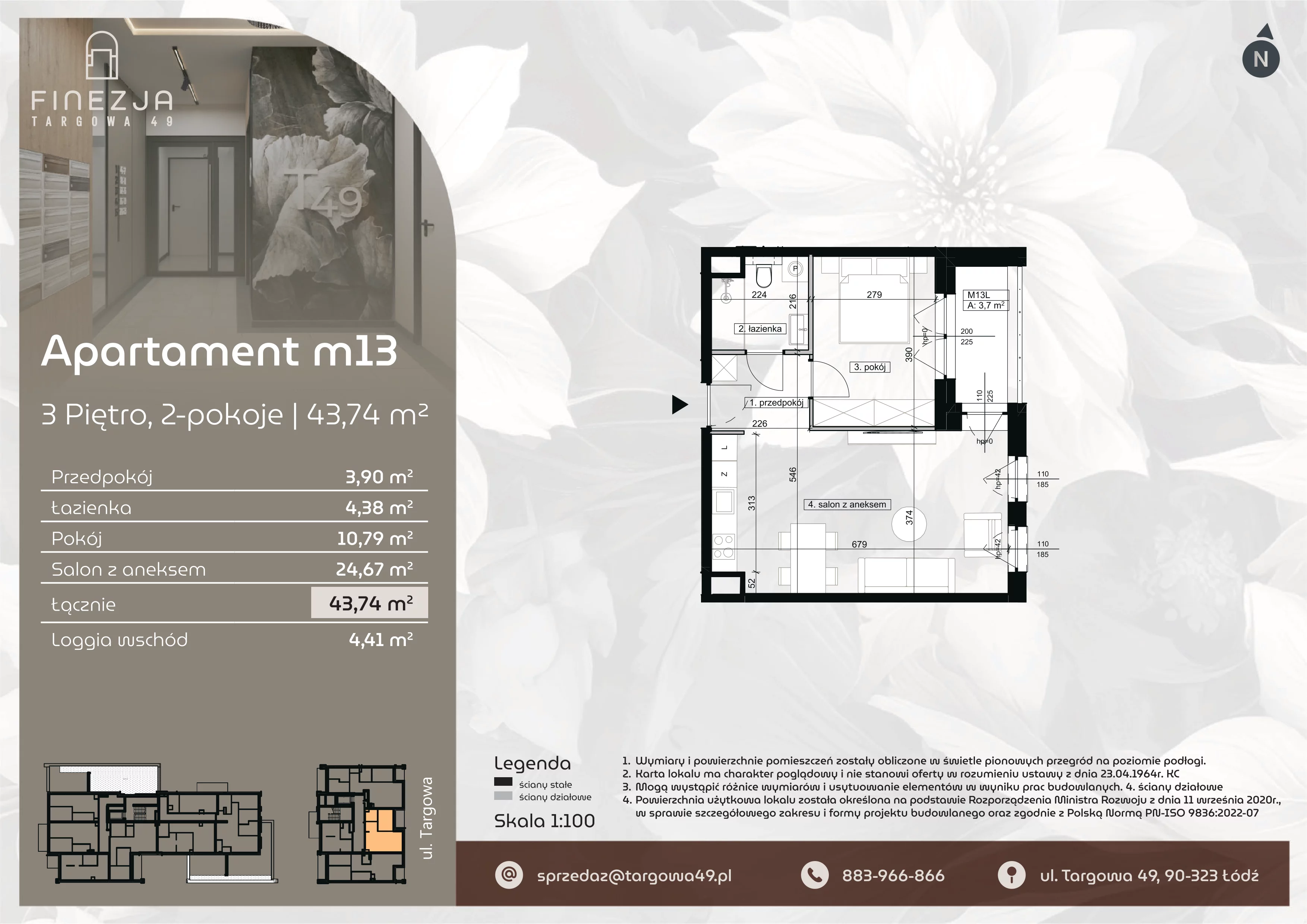 2 pokoje, mieszkanie 43,74 m², piętro 3, oferta nr M13, Apartamenty Finezja, Łódź, Widzew, Stary Widzew, ul. Targowa 49