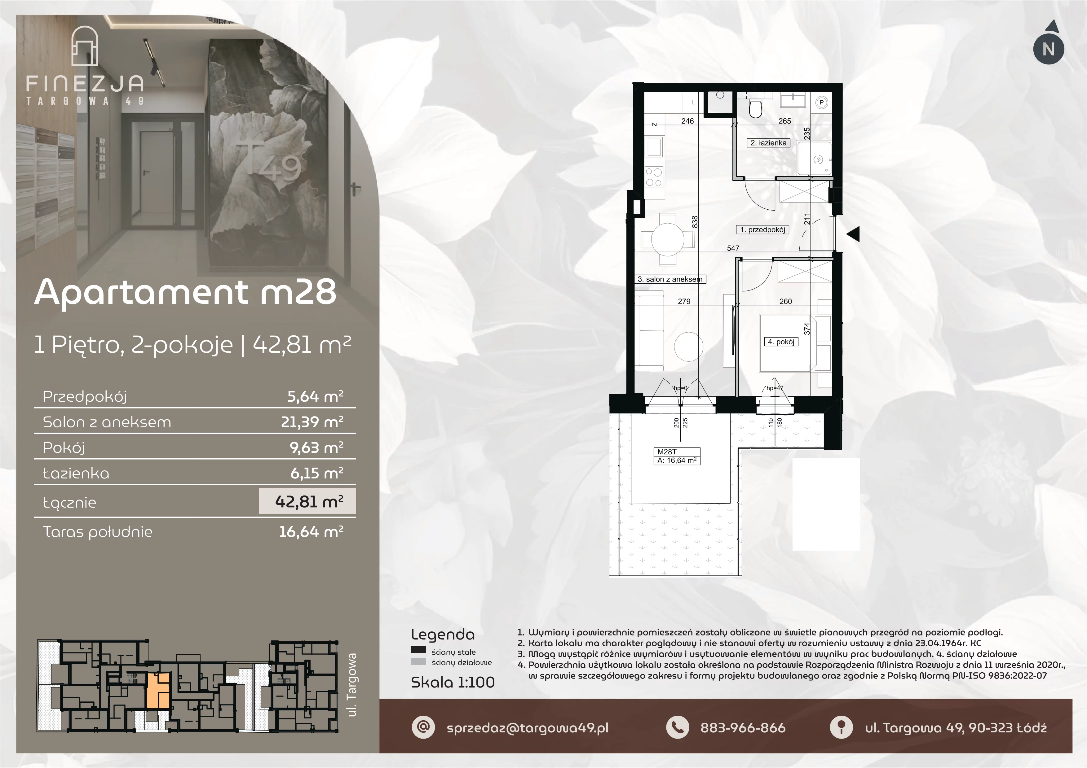 2 pokoje, mieszkanie 42,81 m², piętro 1, oferta nr M28, Apartamenty Finezja, Łódź, Widzew, Stary Widzew, ul. Targowa 49