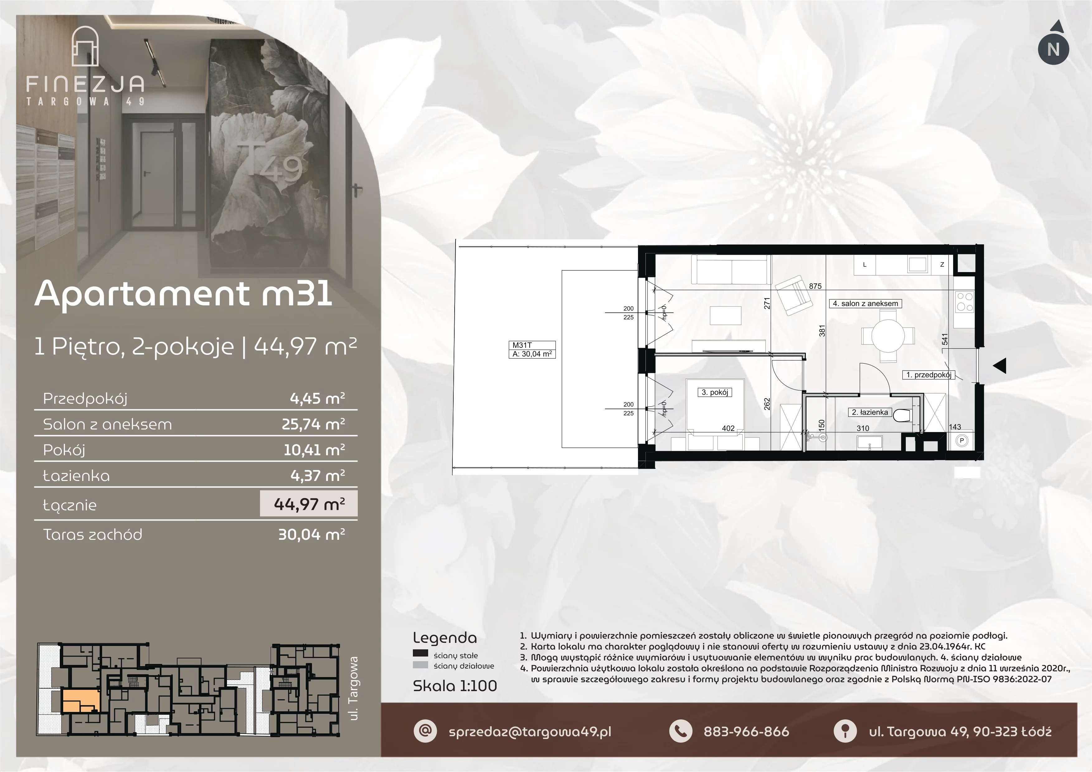 2 pokoje, mieszkanie 44,97 m², piętro 1, oferta nr M31, Apartamenty Finezja, Łódź, Widzew, Stary Widzew, ul. Targowa 49