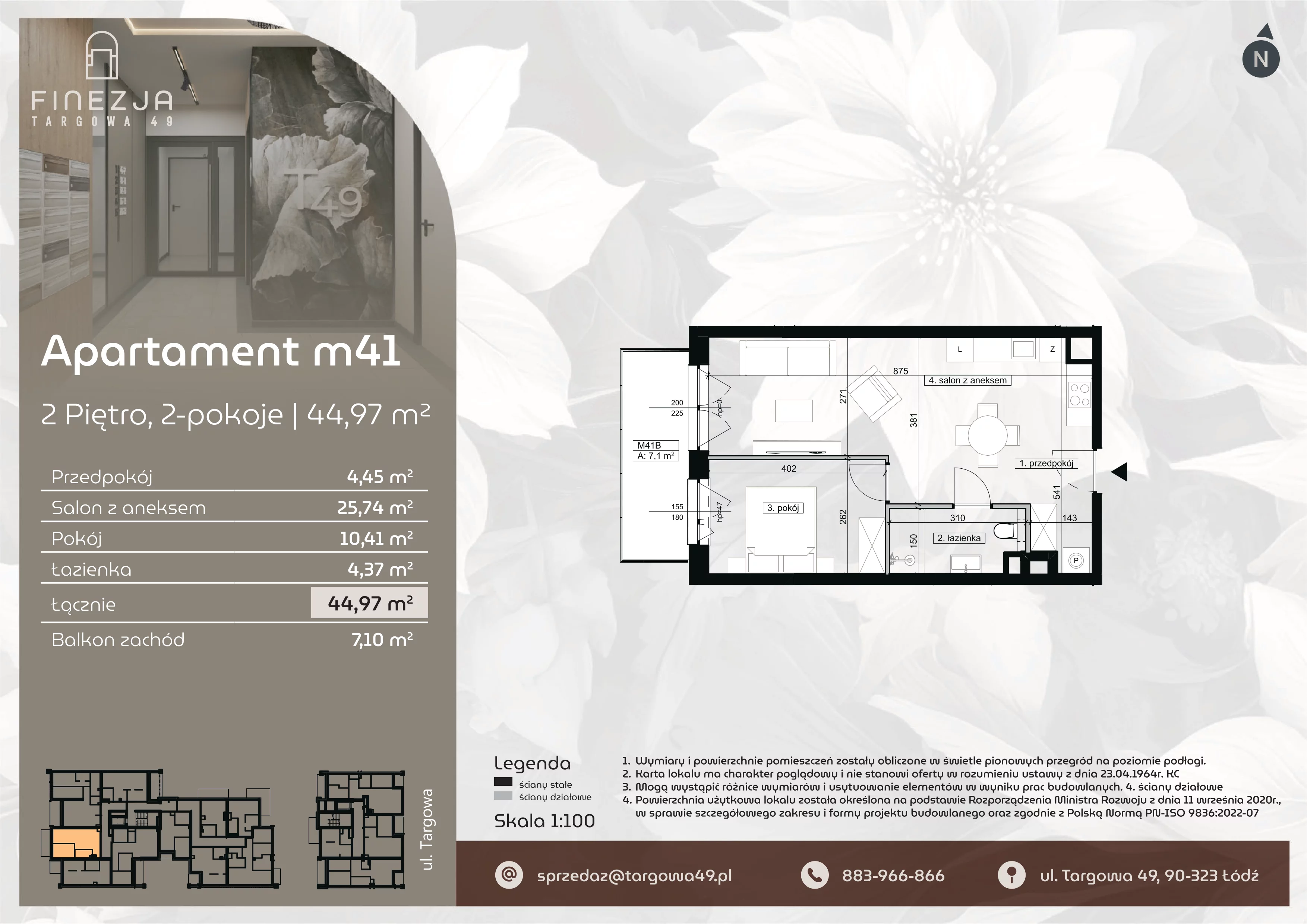 2 pokoje, mieszkanie 44,97 m², piętro 2, oferta nr M41, Apartamenty Finezja, Łódź, Widzew, Stary Widzew, ul. Targowa 49