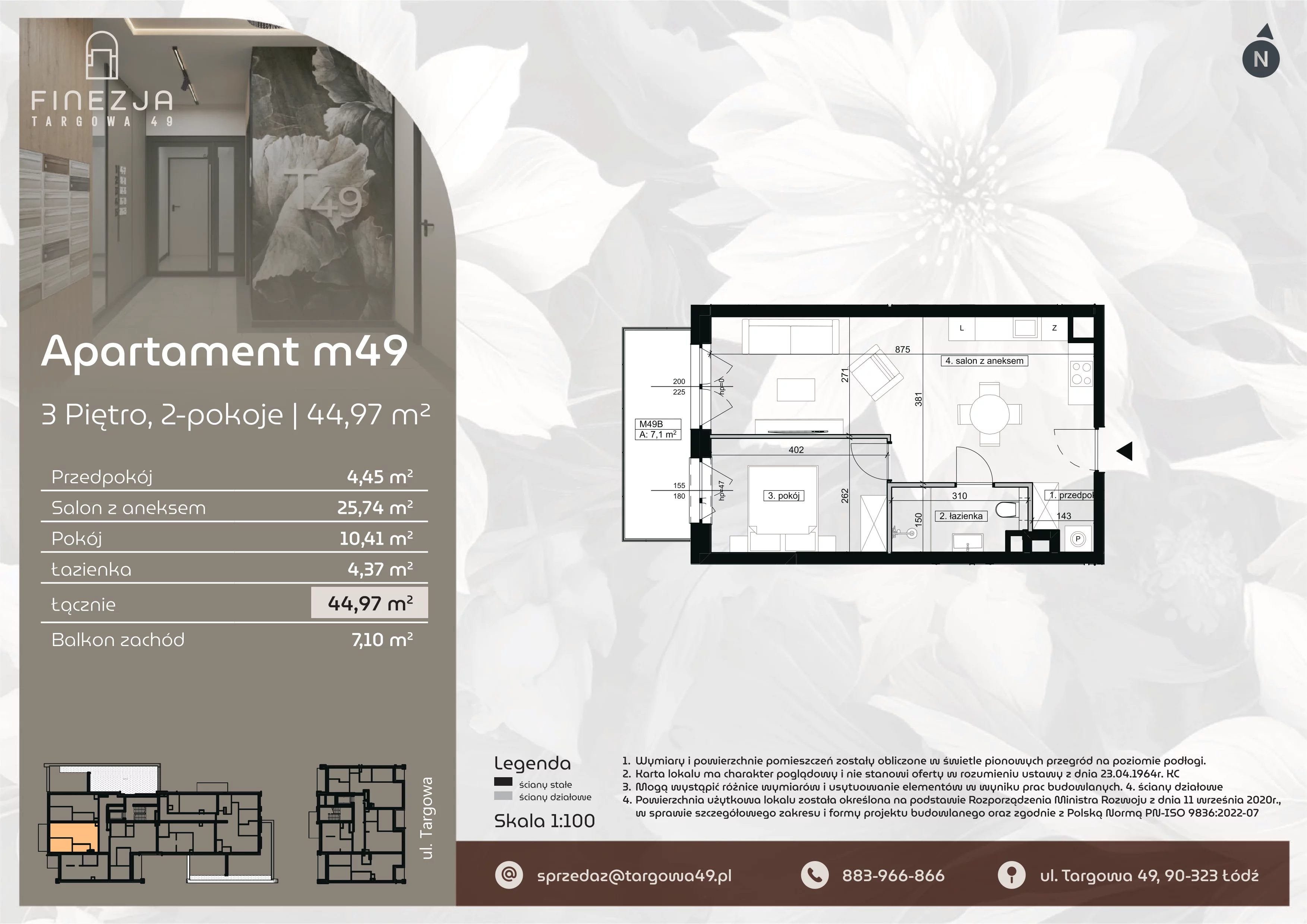 2 pokoje, mieszkanie 44,97 m², piętro 3, oferta nr M49, Apartamenty Finezja, Łódź, Widzew, Stary Widzew, ul. Targowa 49