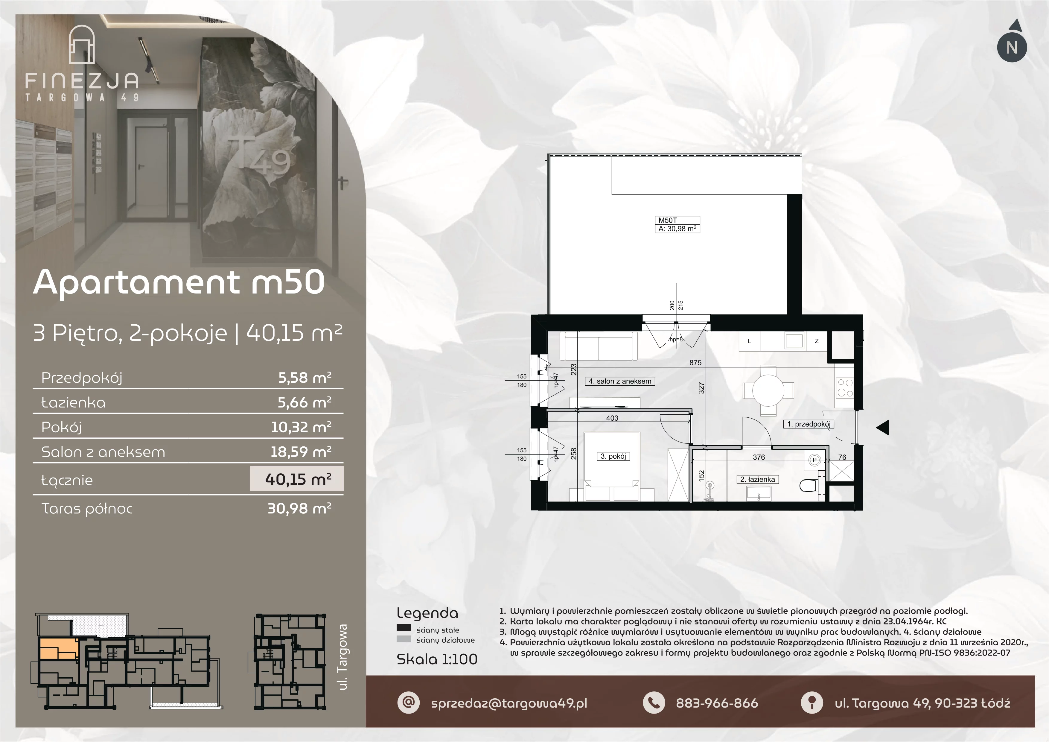 2 pokoje, mieszkanie 40,15 m², piętro 3, oferta nr M50, Apartamenty Finezja, Łódź, Widzew, Stary Widzew, ul. Targowa 49