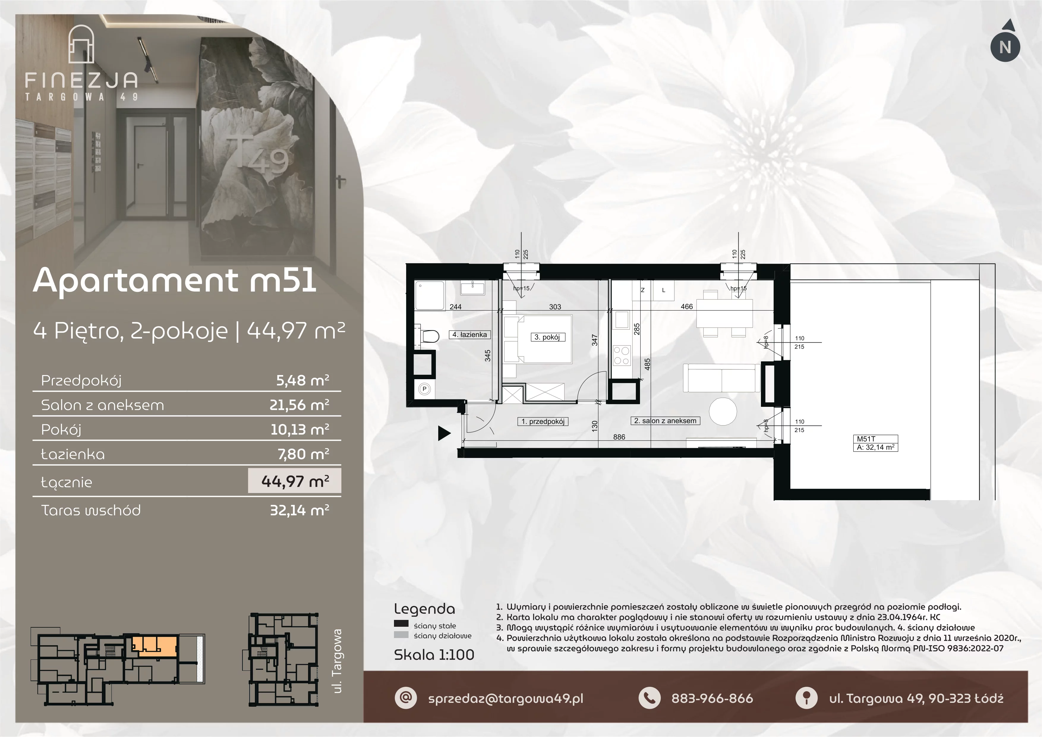 2 pokoje, mieszkanie 44,97 m², piętro 4, oferta nr M51, Apartamenty Finezja, Łódź, Widzew, Stary Widzew, ul. Targowa 49