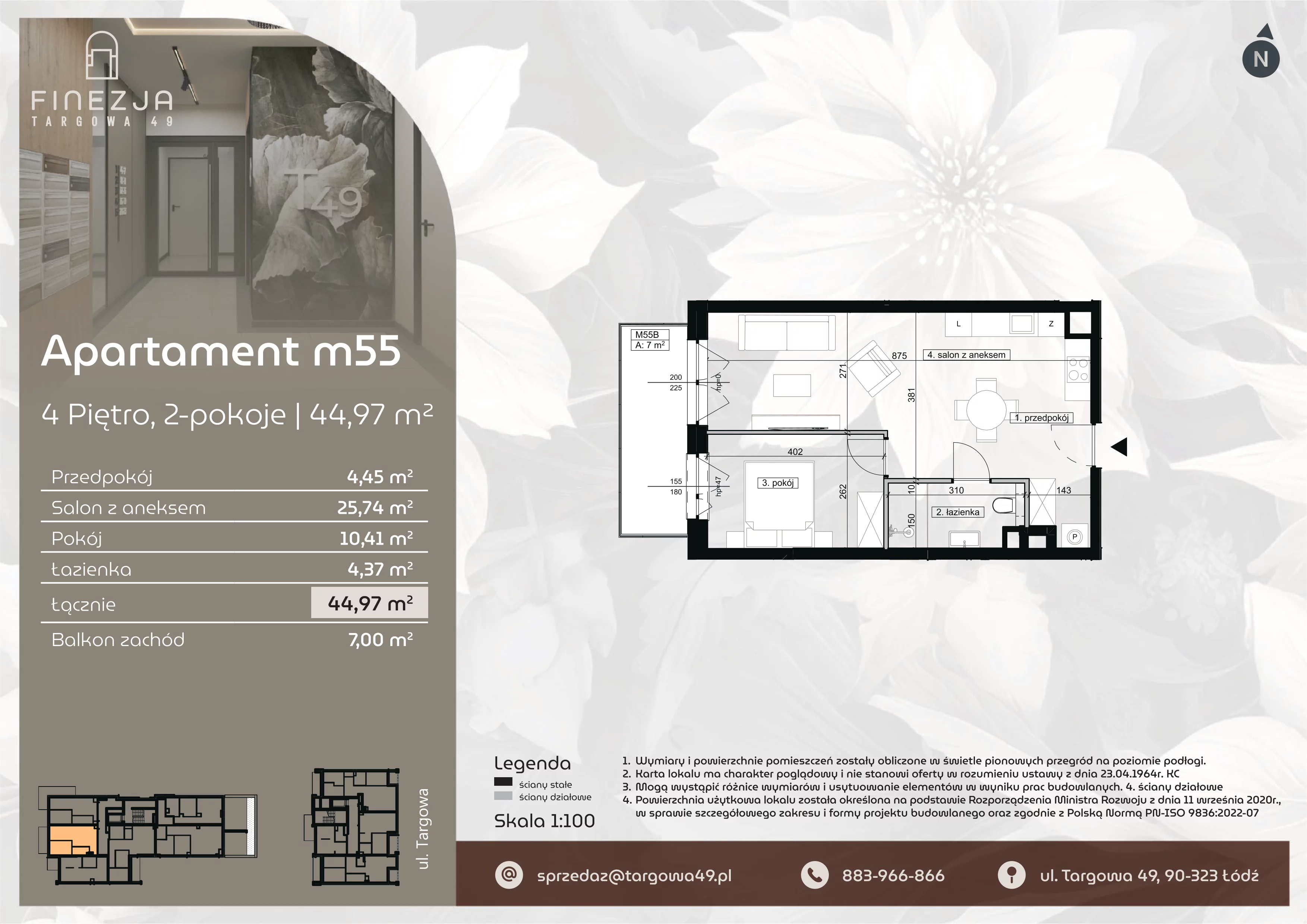 2 pokoje, mieszkanie 44,97 m², piętro 4, oferta nr M55, Apartamenty Finezja, Łódź, Widzew, Stary Widzew, ul. Targowa 49