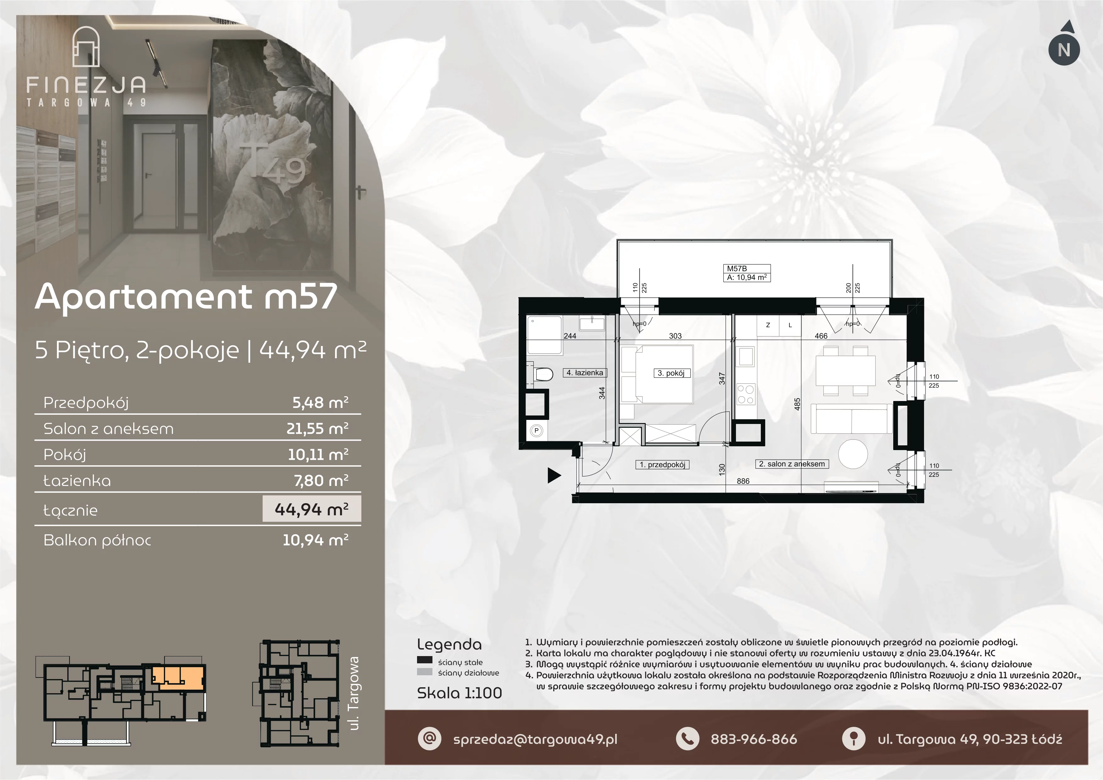 2 pokoje, mieszkanie 44,94 m², piętro 5, oferta nr M57, Apartamenty Finezja, Łódź, Widzew, Stary Widzew, ul. Targowa 49
