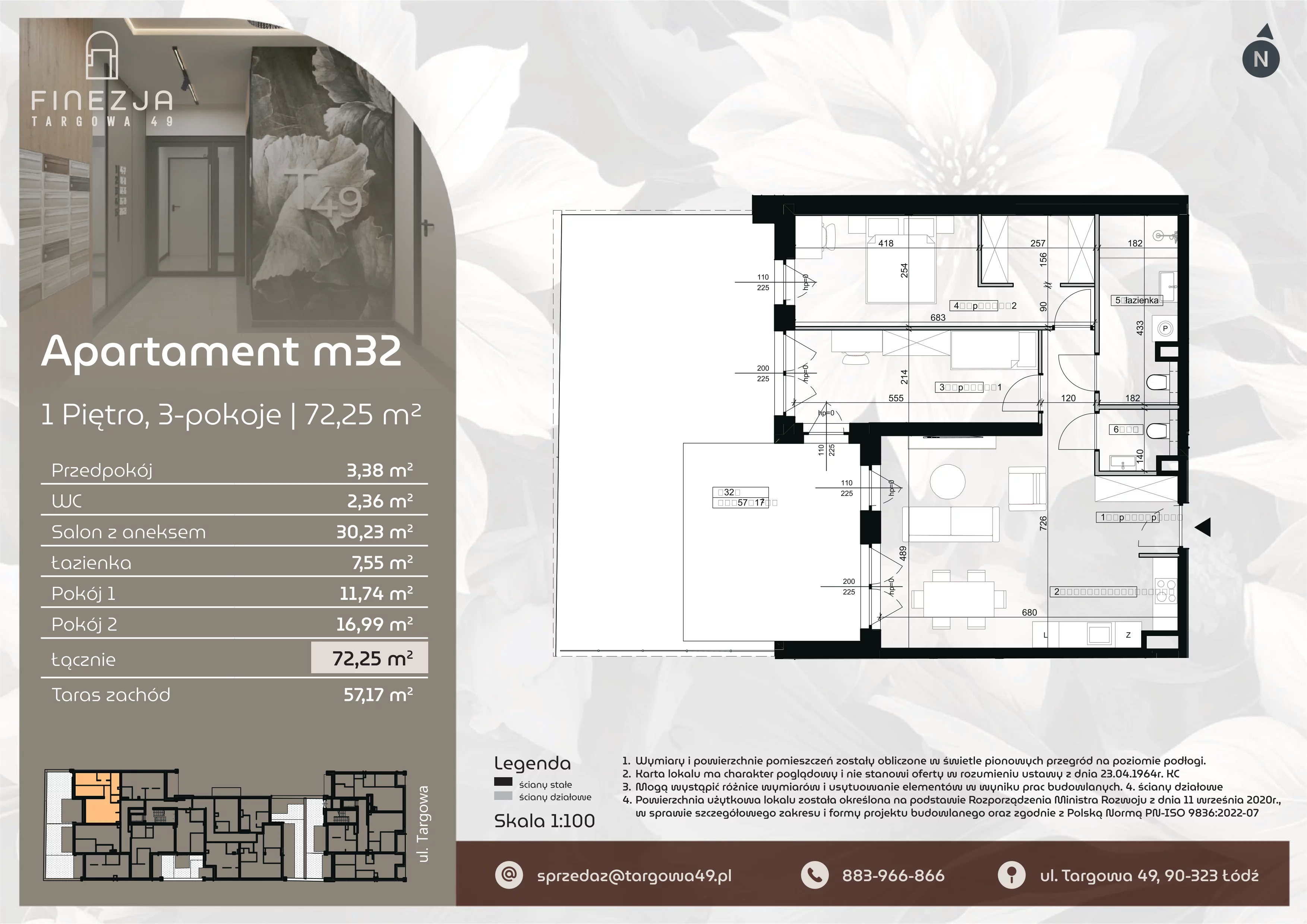 3 pokoje, mieszkanie 72,25 m², piętro 1, oferta nr M32, Apartamenty Finezja, Łódź, Widzew, Stary Widzew, ul. Targowa 49