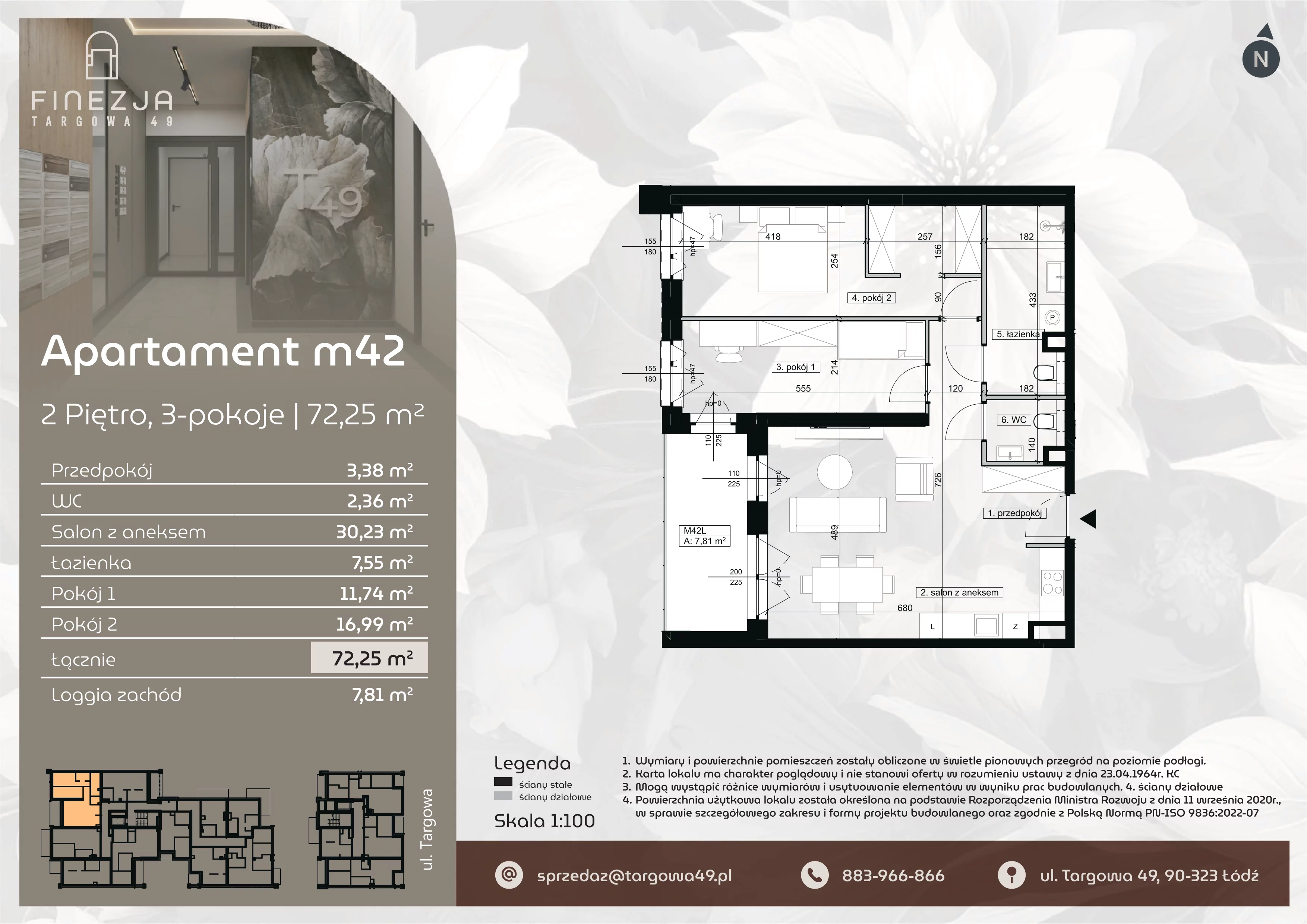 3 pokoje, mieszkanie 72,25 m², piętro 2, oferta nr M42, Apartamenty Finezja, Łódź, Widzew, Stary Widzew, ul. Targowa 49