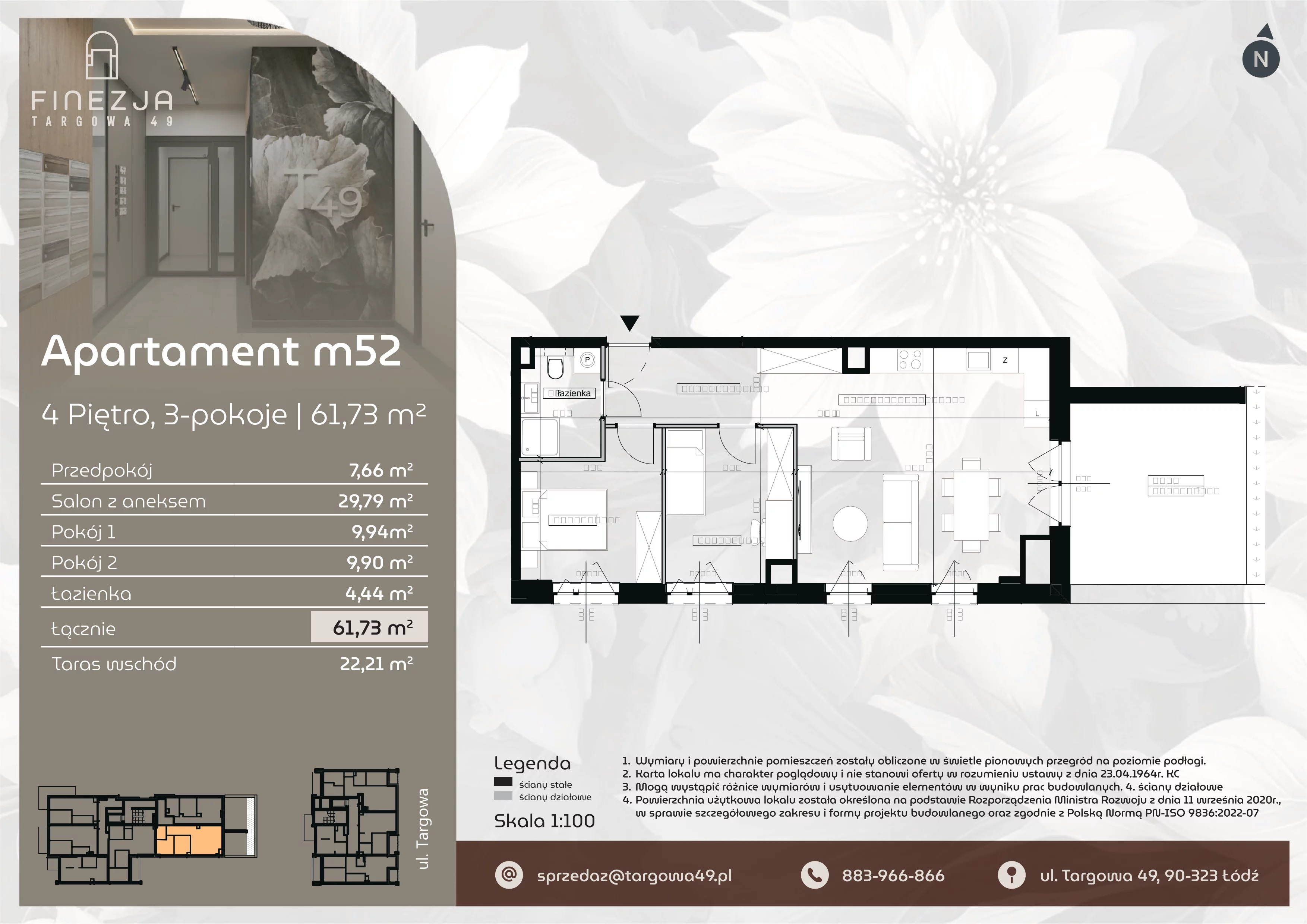 3 pokoje, mieszkanie 61,73 m², piętro 4, oferta nr M52, Apartamenty Finezja, Łódź, Widzew, Stary Widzew, ul. Targowa 49