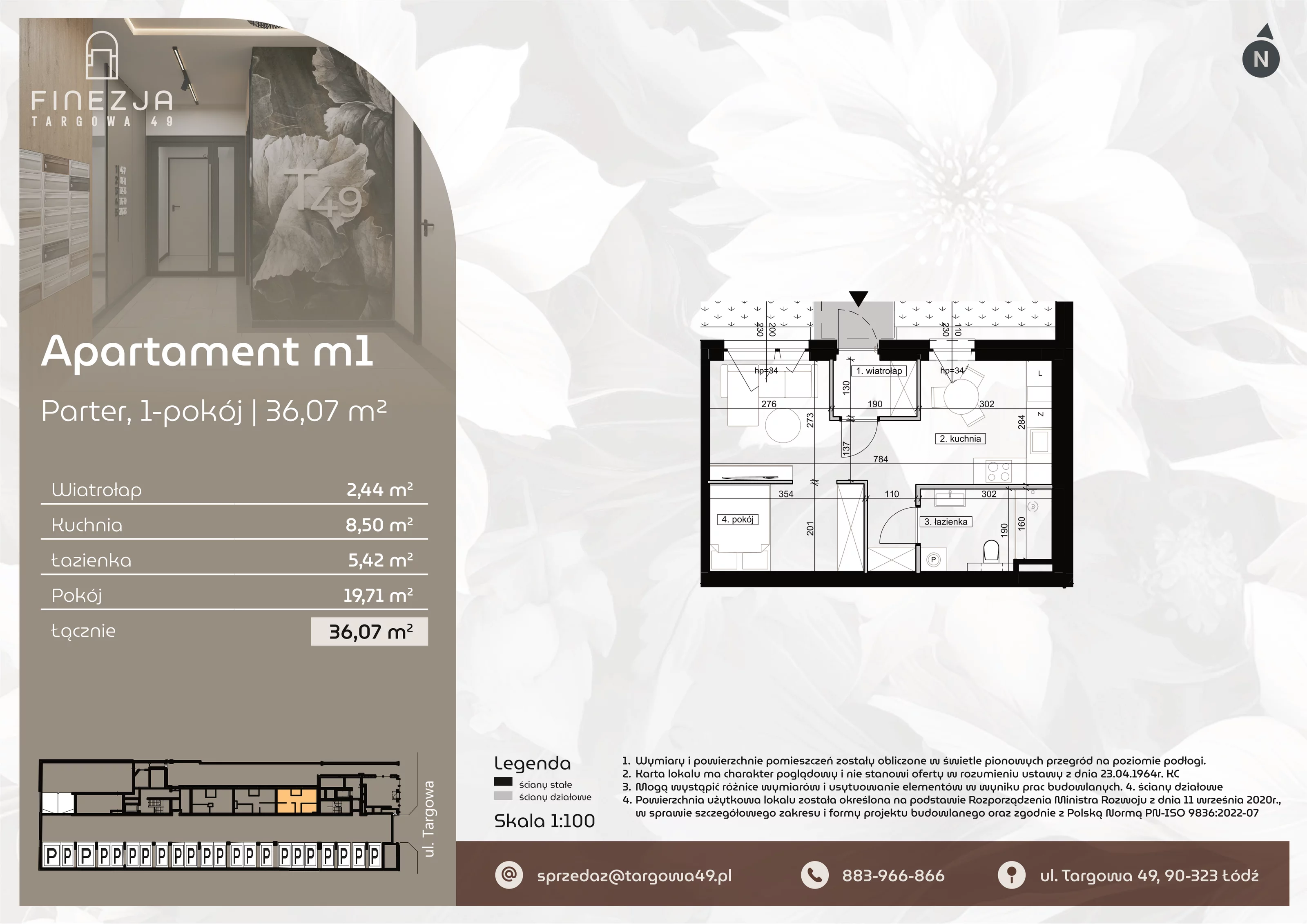1 pokój, mieszkanie 36,07 m², parter, oferta nr M1, Apartamenty Finezja, Łódź, Widzew, Stary Widzew, ul. Targowa 49
