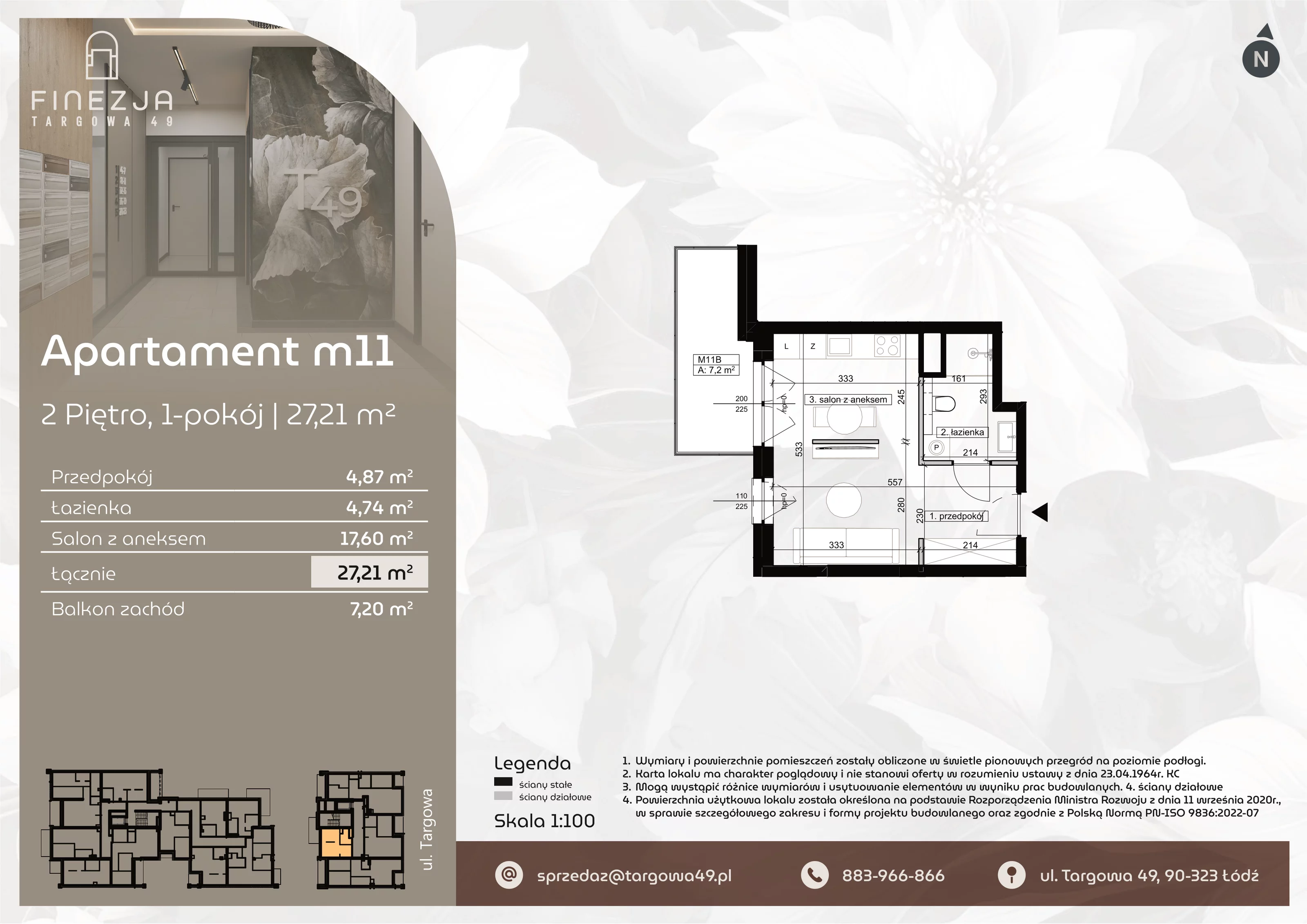 1 pokój, mieszkanie 27,21 m², piętro 2, oferta nr M11, Apartamenty Finezja, Łódź, Widzew, Stary Widzew, ul. Targowa 49