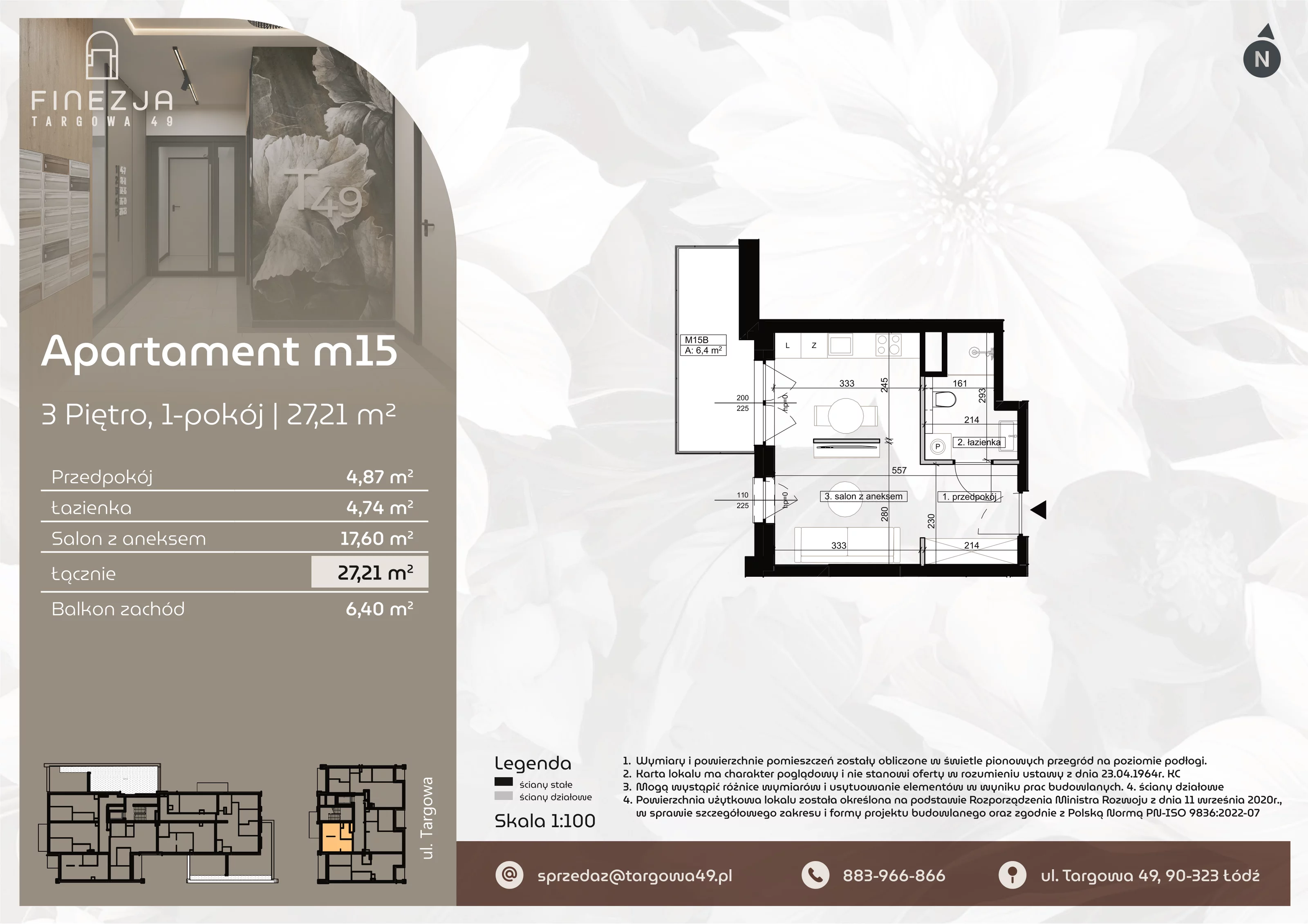 1 pokój, mieszkanie 27,21 m², piętro 3, oferta nr M15, Apartamenty Finezja, Łódź, Widzew, Stary Widzew, ul. Targowa 49