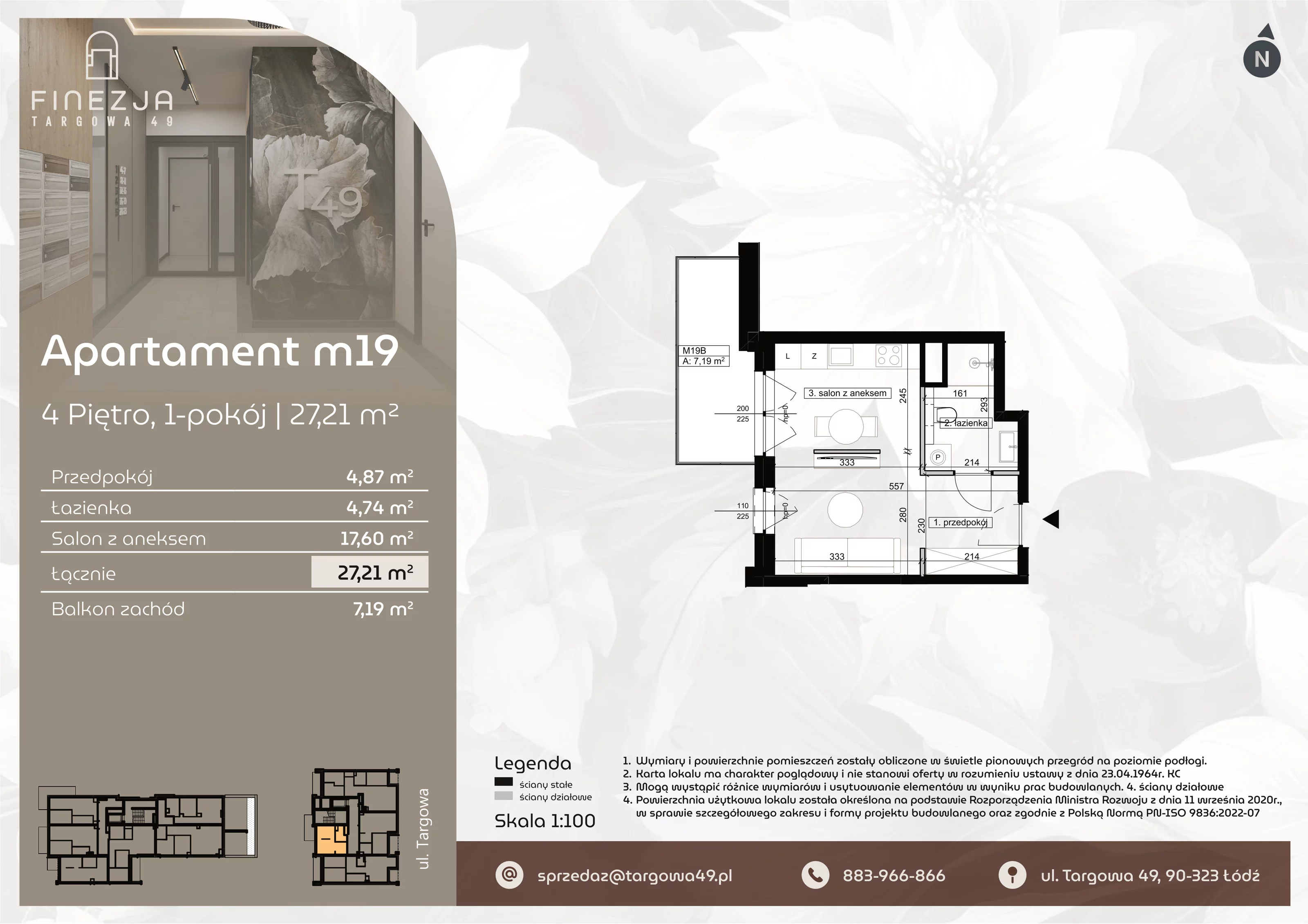 1 pokój, mieszkanie 27,21 m², piętro 4, oferta nr M19, Apartamenty Finezja, Łódź, Widzew, Stary Widzew, ul. Targowa 49