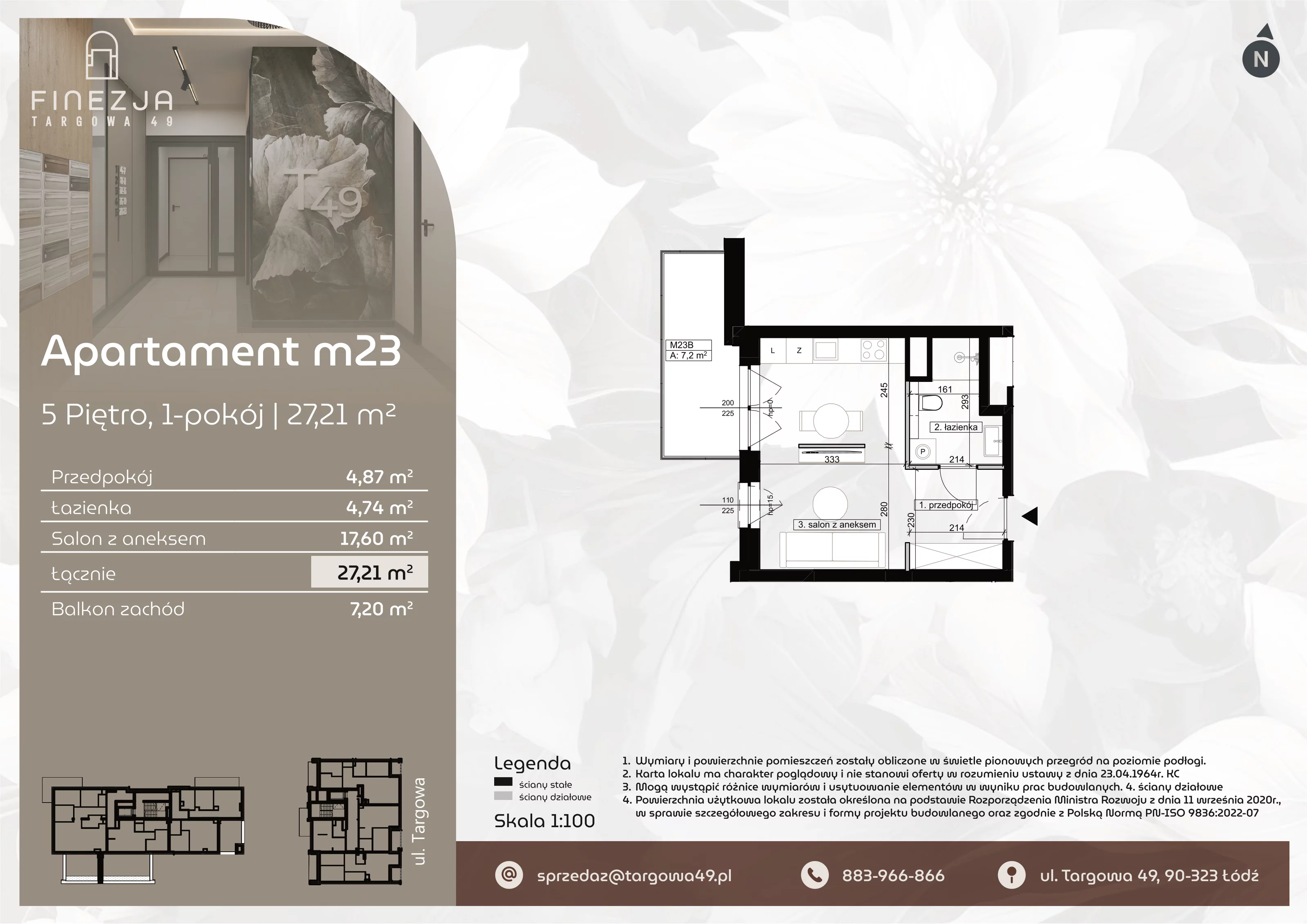 1 pokój, mieszkanie 27,21 m², piętro 5, oferta nr M23, Apartamenty Finezja, Łódź, Widzew, Stary Widzew, ul. Targowa 49