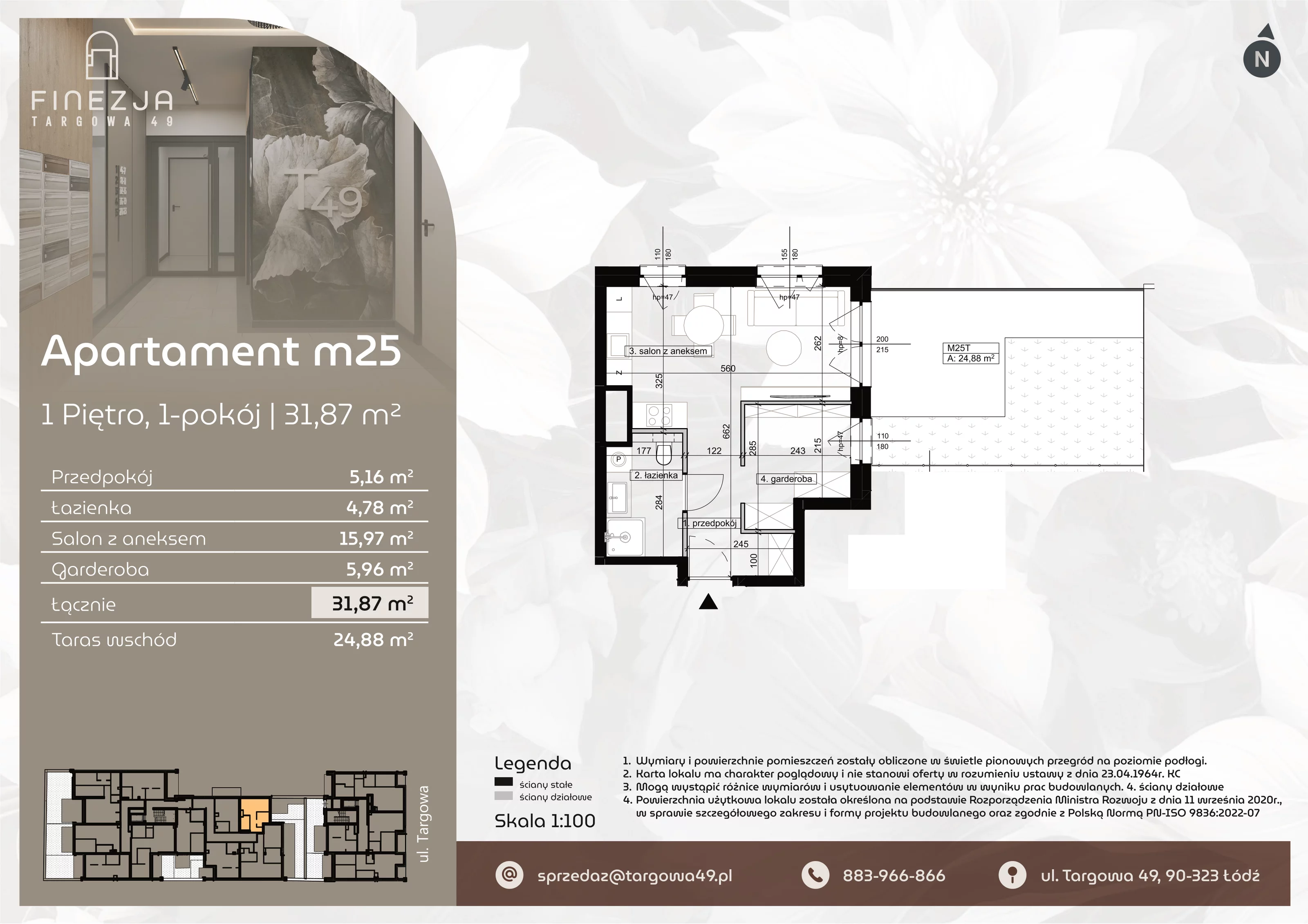 1 pokój, mieszkanie 31,87 m², piętro 1, oferta nr M25, Apartamenty Finezja, Łódź, Widzew, Stary Widzew, ul. Targowa 49