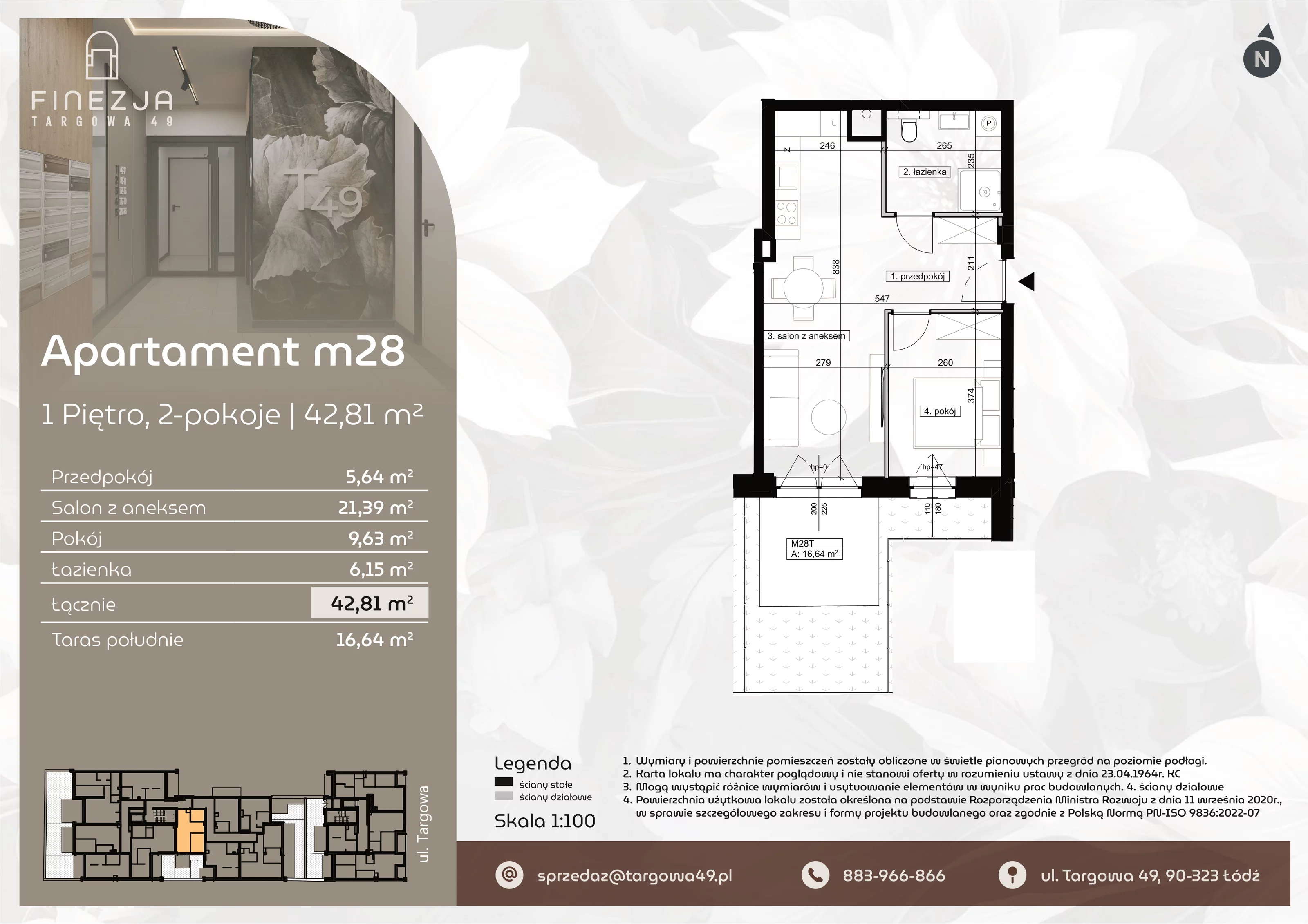 2 pokoje, mieszkanie 42,81 m², piętro 1, oferta nr M28, Apartamenty Finezja, Łódź, Widzew, Stary Widzew, ul. Targowa 49
