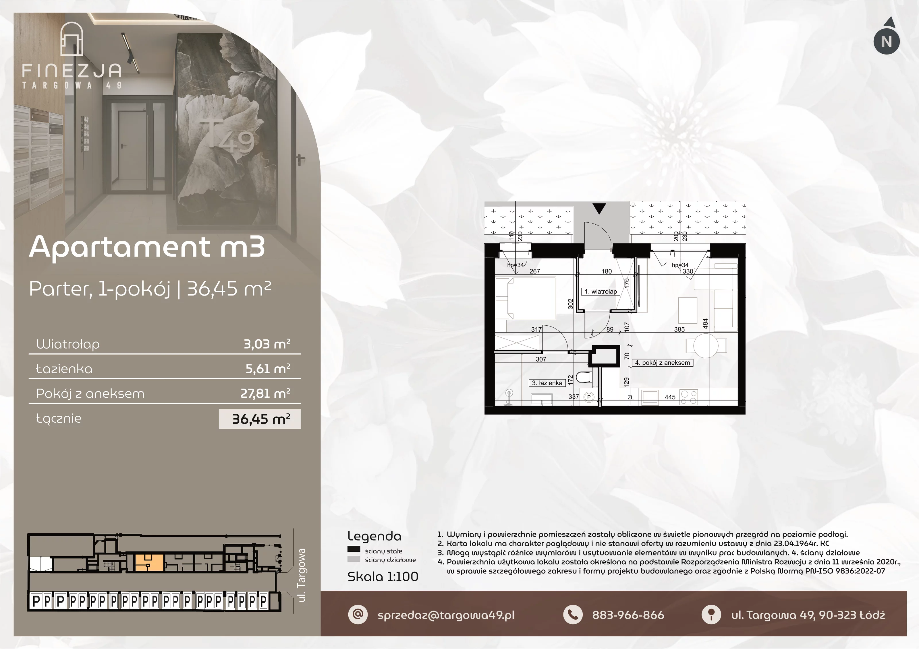 1 pokój, mieszkanie 36,45 m², parter, oferta nr M3, Apartamenty Finezja, Łódź, Widzew, Stary Widzew, ul. Targowa 49