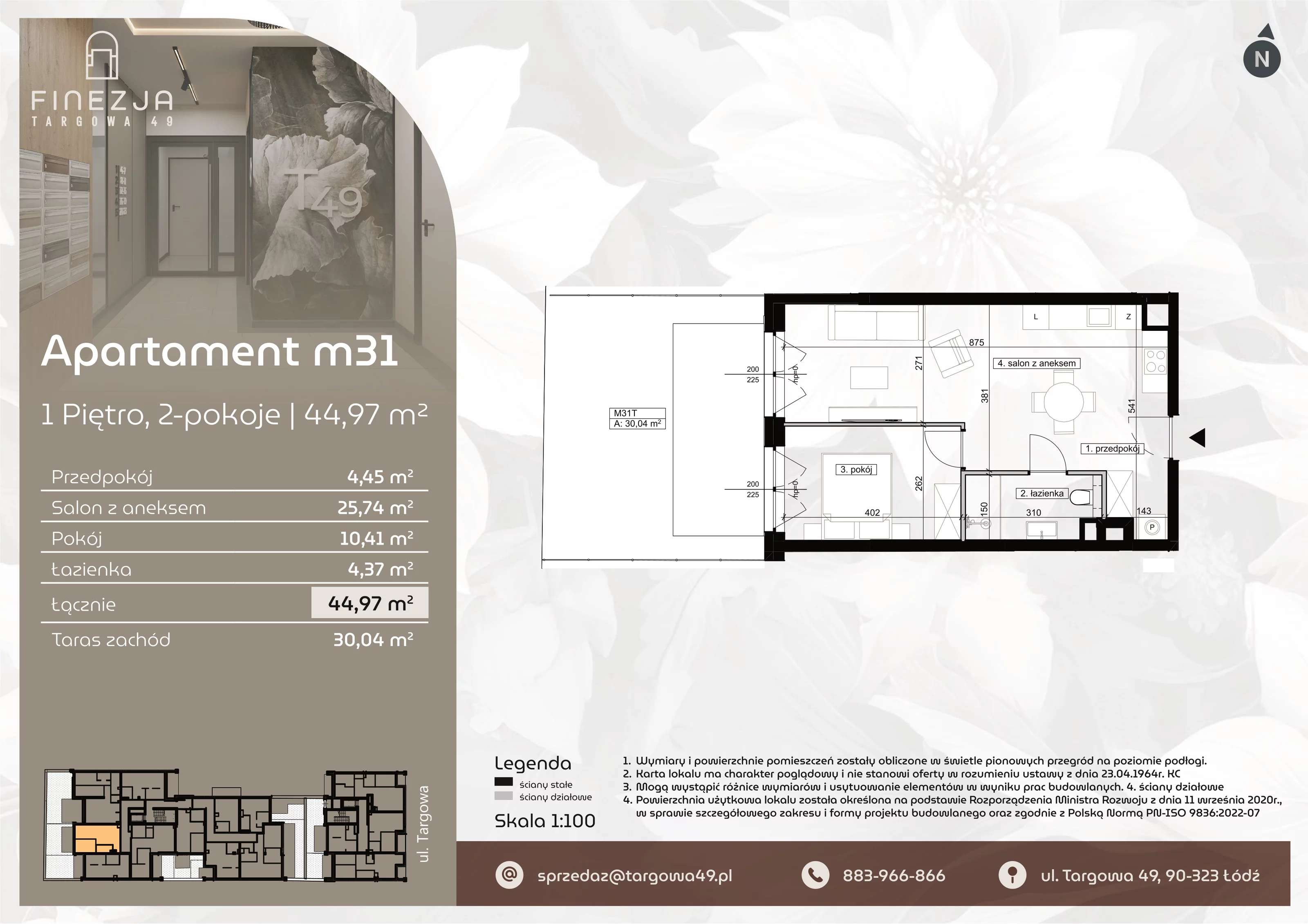 2 pokoje, mieszkanie 44,97 m², piętro 1, oferta nr M31, Apartamenty Finezja, Łódź, Widzew, Stary Widzew, ul. Targowa 49
