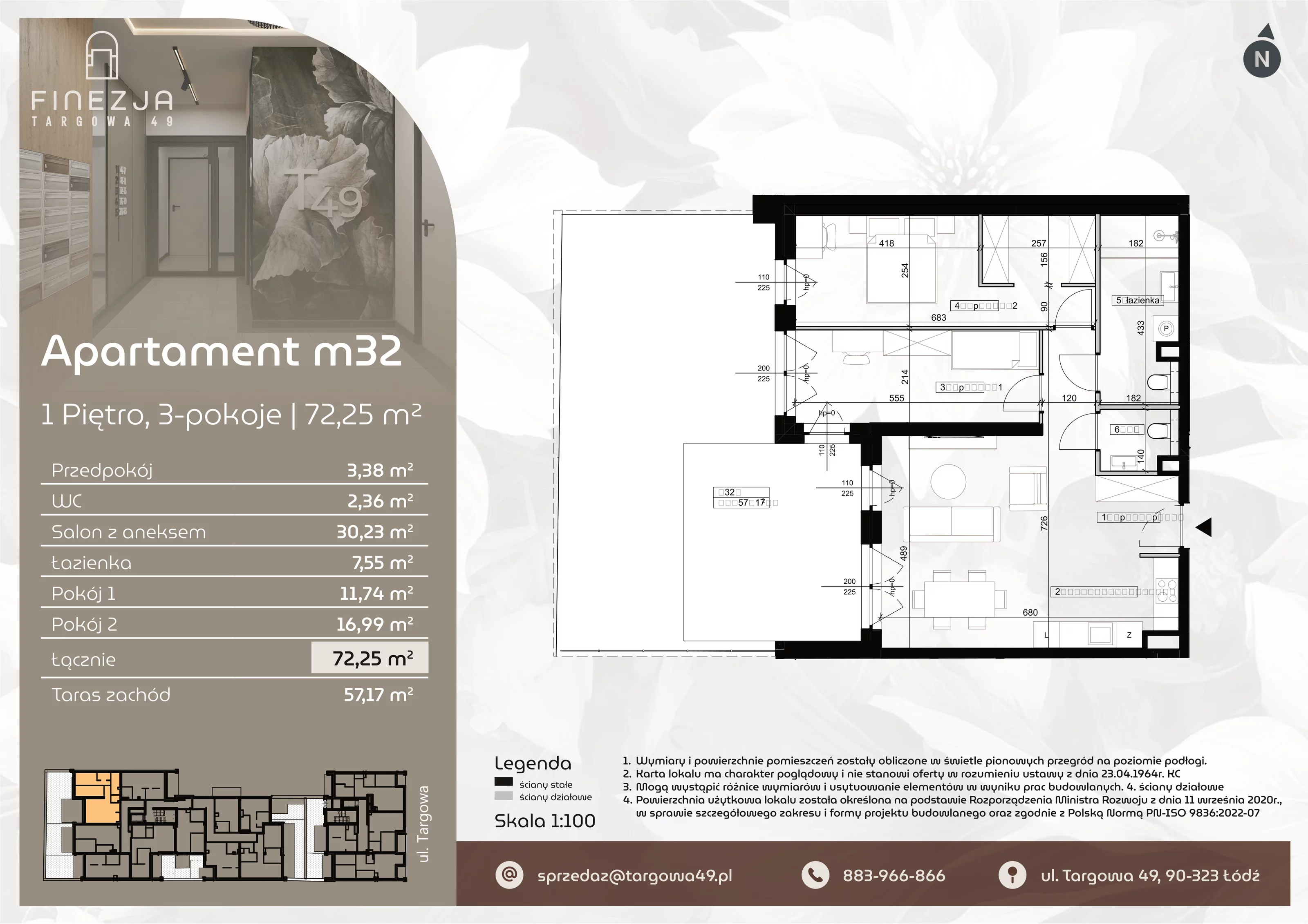 3 pokoje, mieszkanie 72,25 m², piętro 1, oferta nr M32, Apartamenty Finezja, Łódź, Widzew, Stary Widzew, ul. Targowa 49