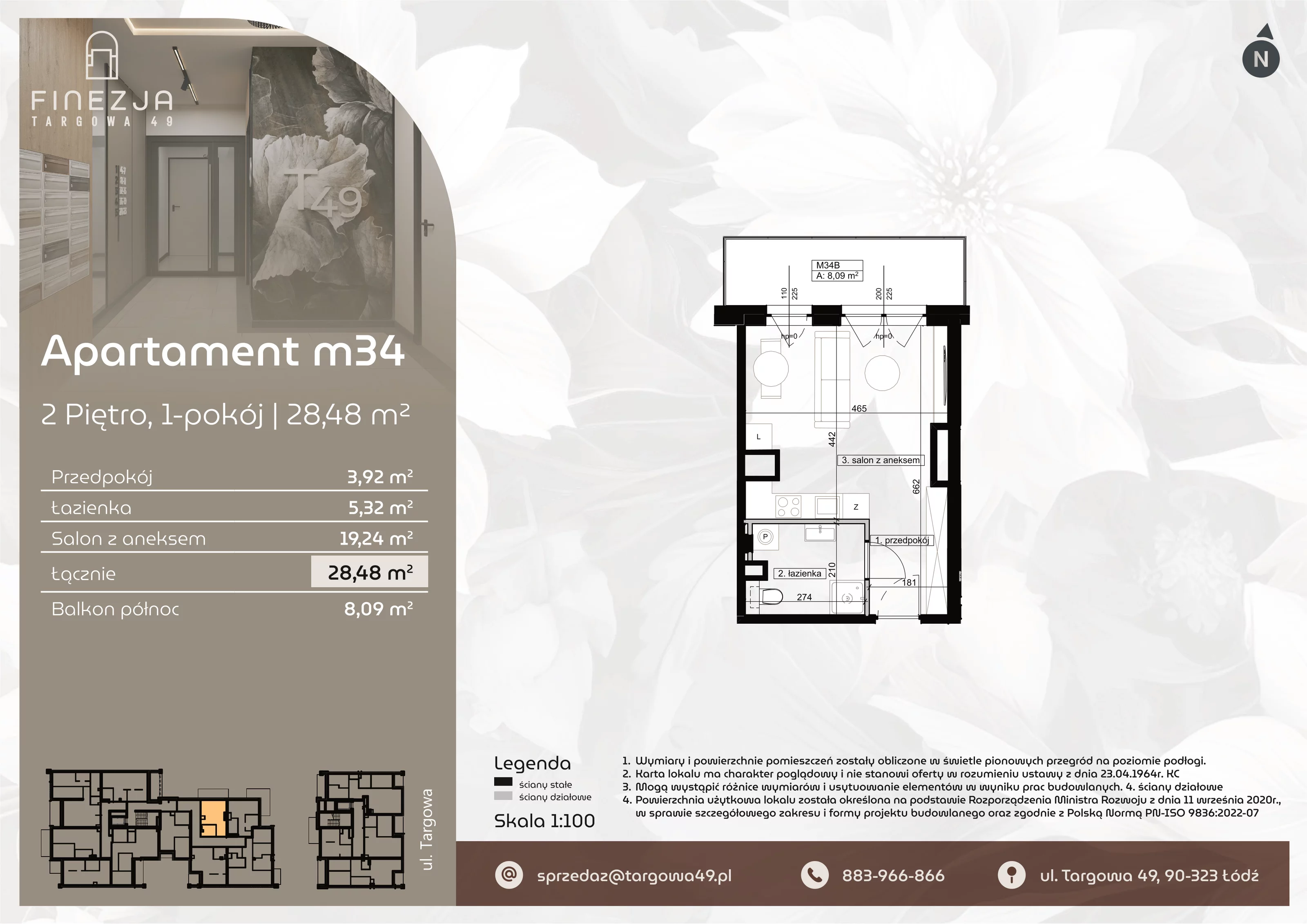 1 pokój, mieszkanie 28,48 m², piętro 2, oferta nr M34, Apartamenty Finezja, Łódź, Widzew, Stary Widzew, ul. Targowa 49
