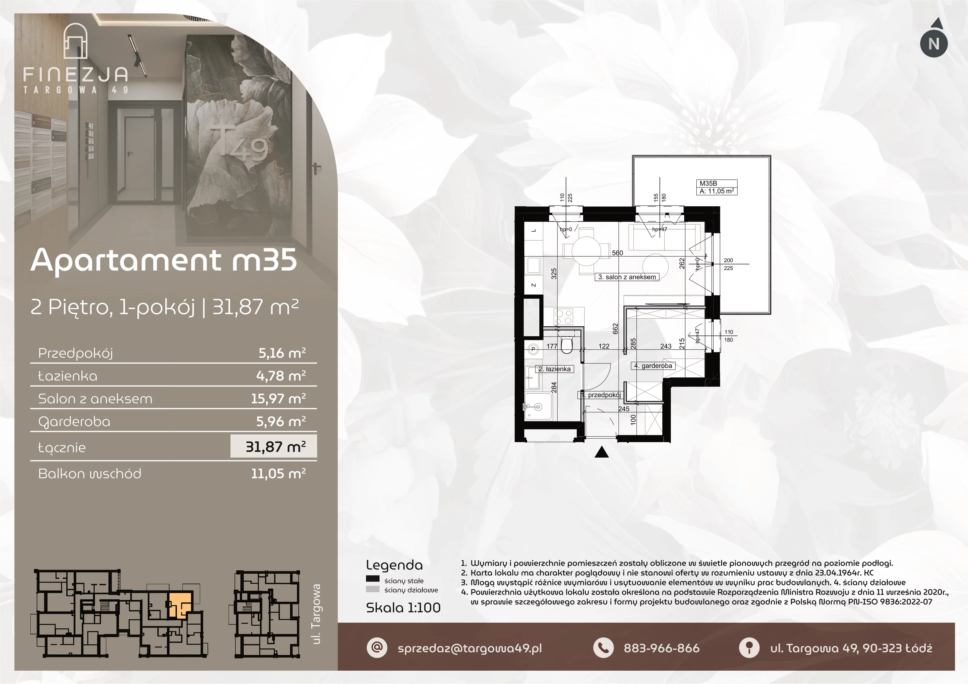 1 pokój, mieszkanie 31,87 m², piętro 2, oferta nr M35, Apartamenty Finezja, Łódź, Widzew, Stary Widzew, ul. Targowa 49