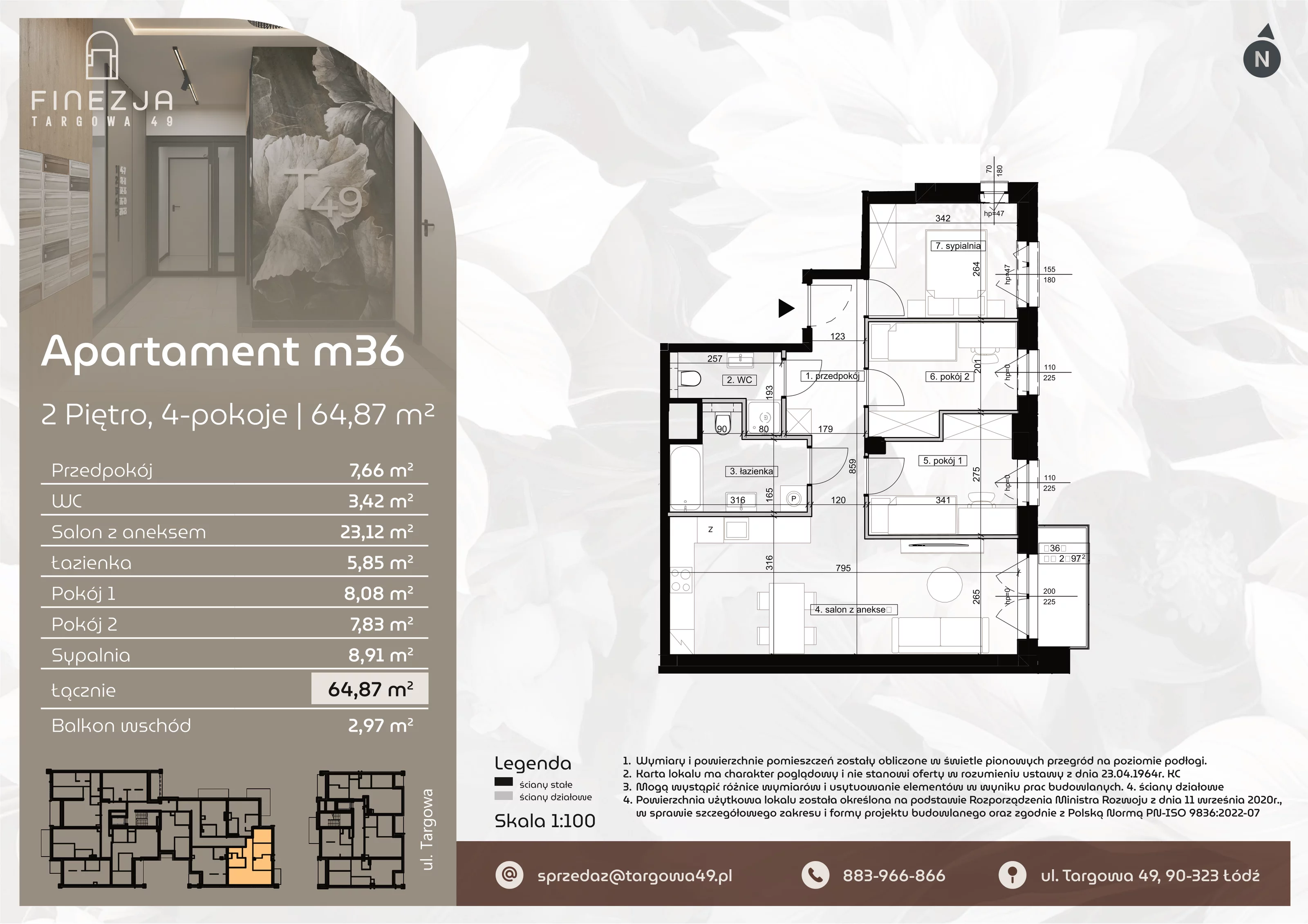 4 pokoje, mieszkanie 64,87 m², piętro 2, oferta nr M36, Apartamenty Finezja, Łódź, Widzew, Stary Widzew, ul. Targowa 49