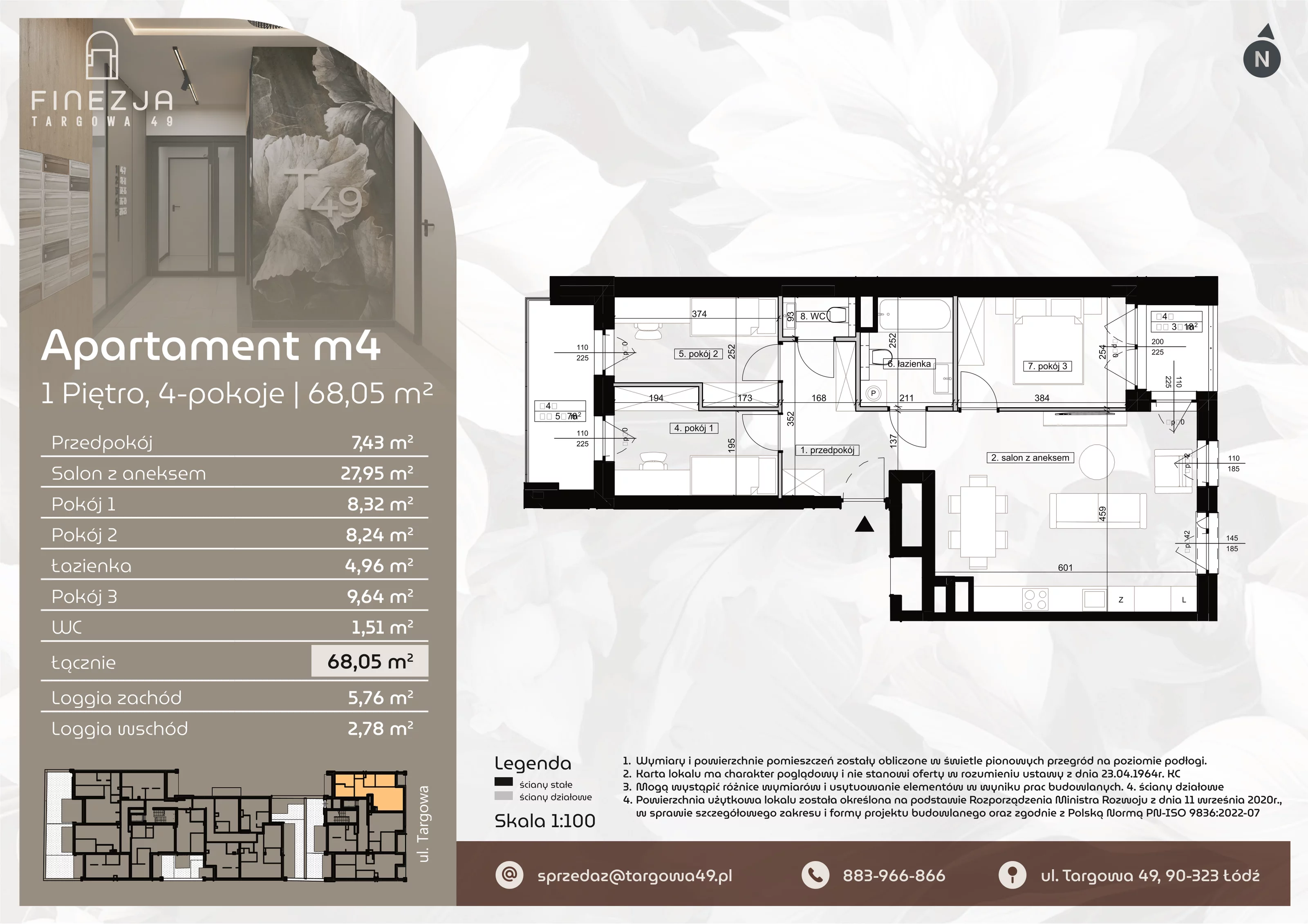4 pokoje, mieszkanie 68,05 m², piętro 1, oferta nr M4, Apartamenty Finezja, Łódź, Widzew, Stary Widzew, ul. Targowa 49