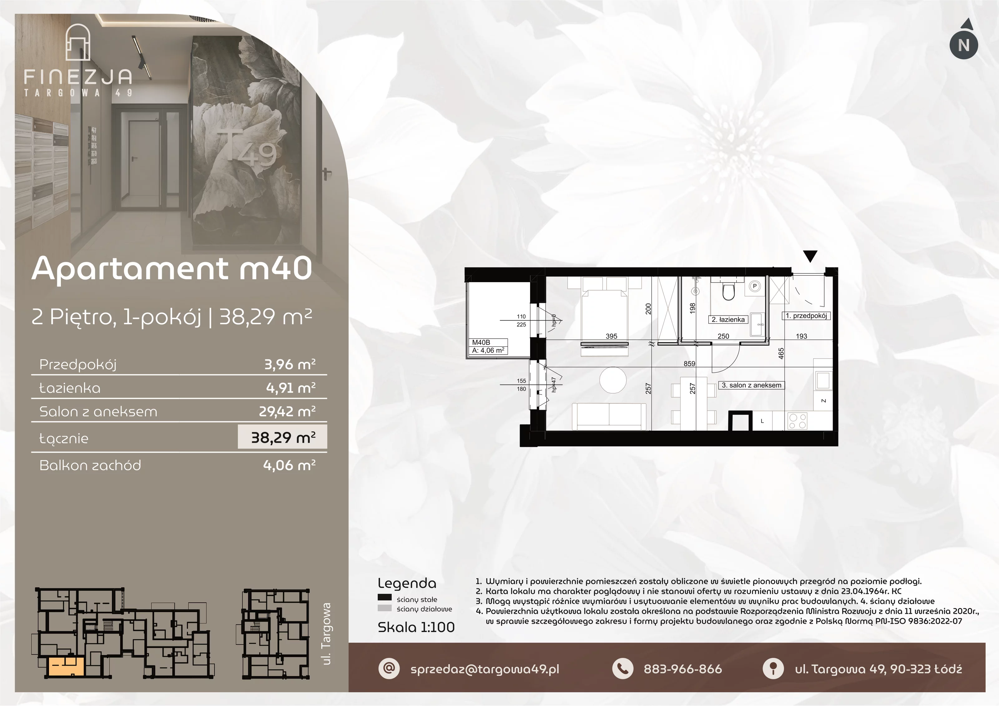 1 pokój, mieszkanie 38,29 m², piętro 2, oferta nr M40, Apartamenty Finezja, Łódź, Widzew, Stary Widzew, ul. Targowa 49