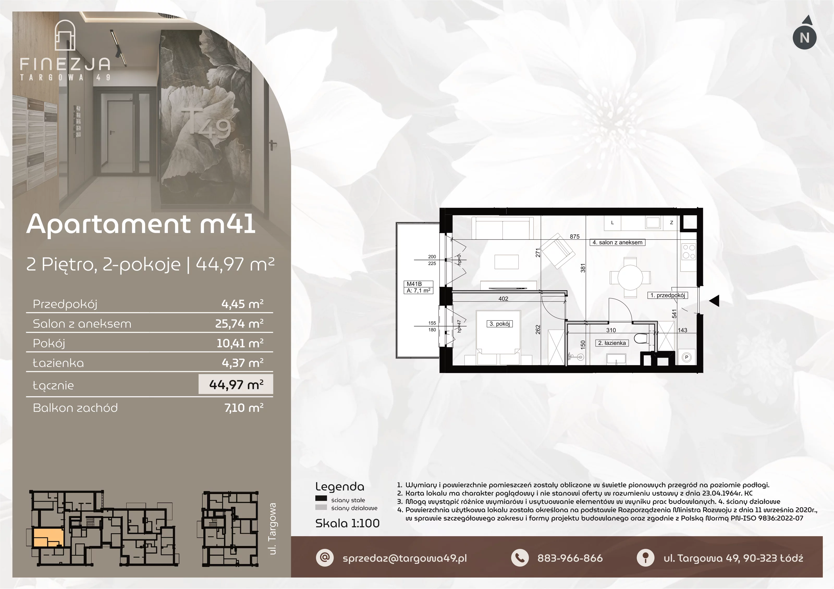 2 pokoje, mieszkanie 44,97 m², piętro 2, oferta nr M41, Apartamenty Finezja, Łódź, Widzew, Stary Widzew, ul. Targowa 49