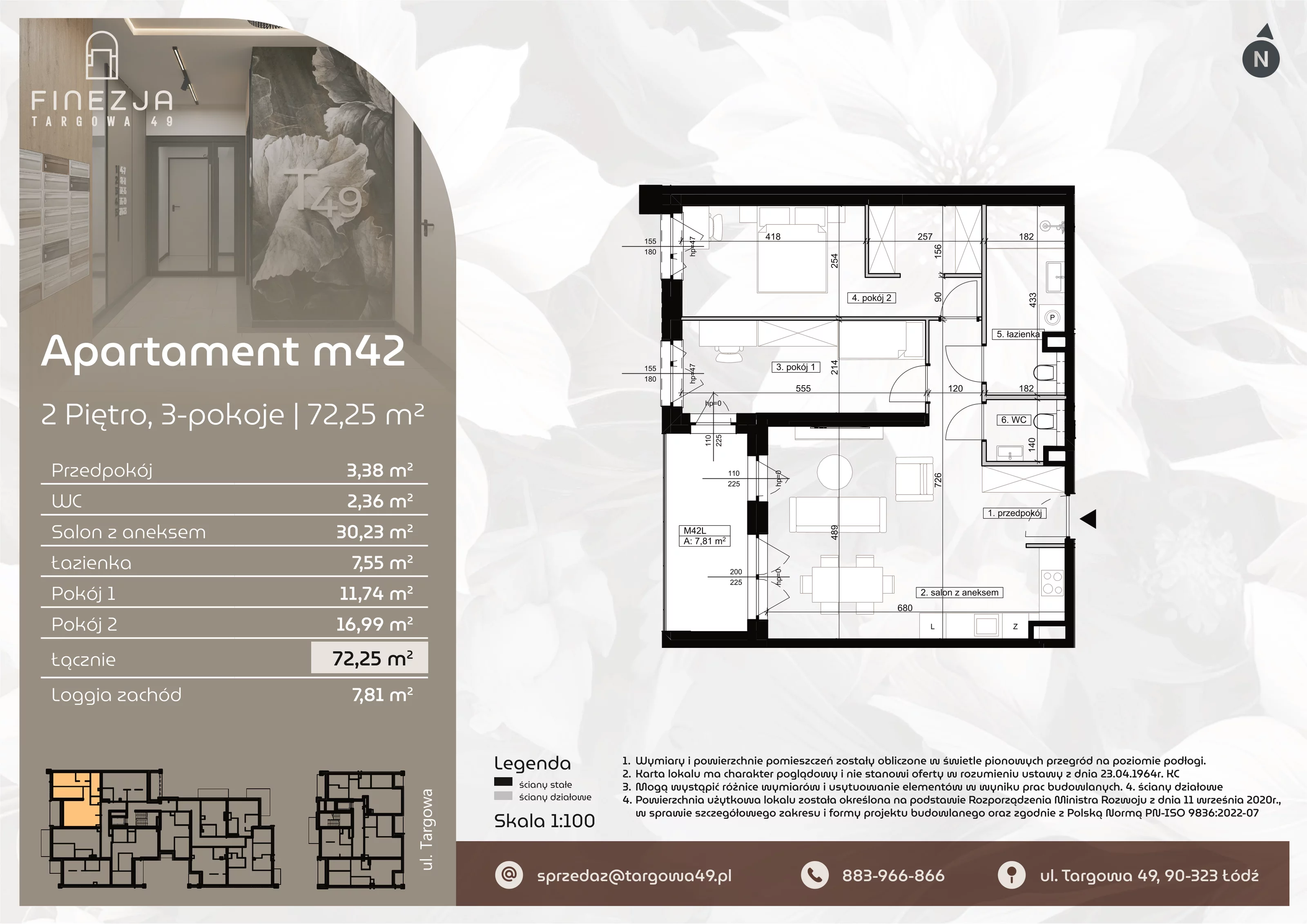 3 pokoje, mieszkanie 72,25 m², piętro 2, oferta nr M42, Apartamenty Finezja, Łódź, Widzew, Stary Widzew, ul. Targowa 49