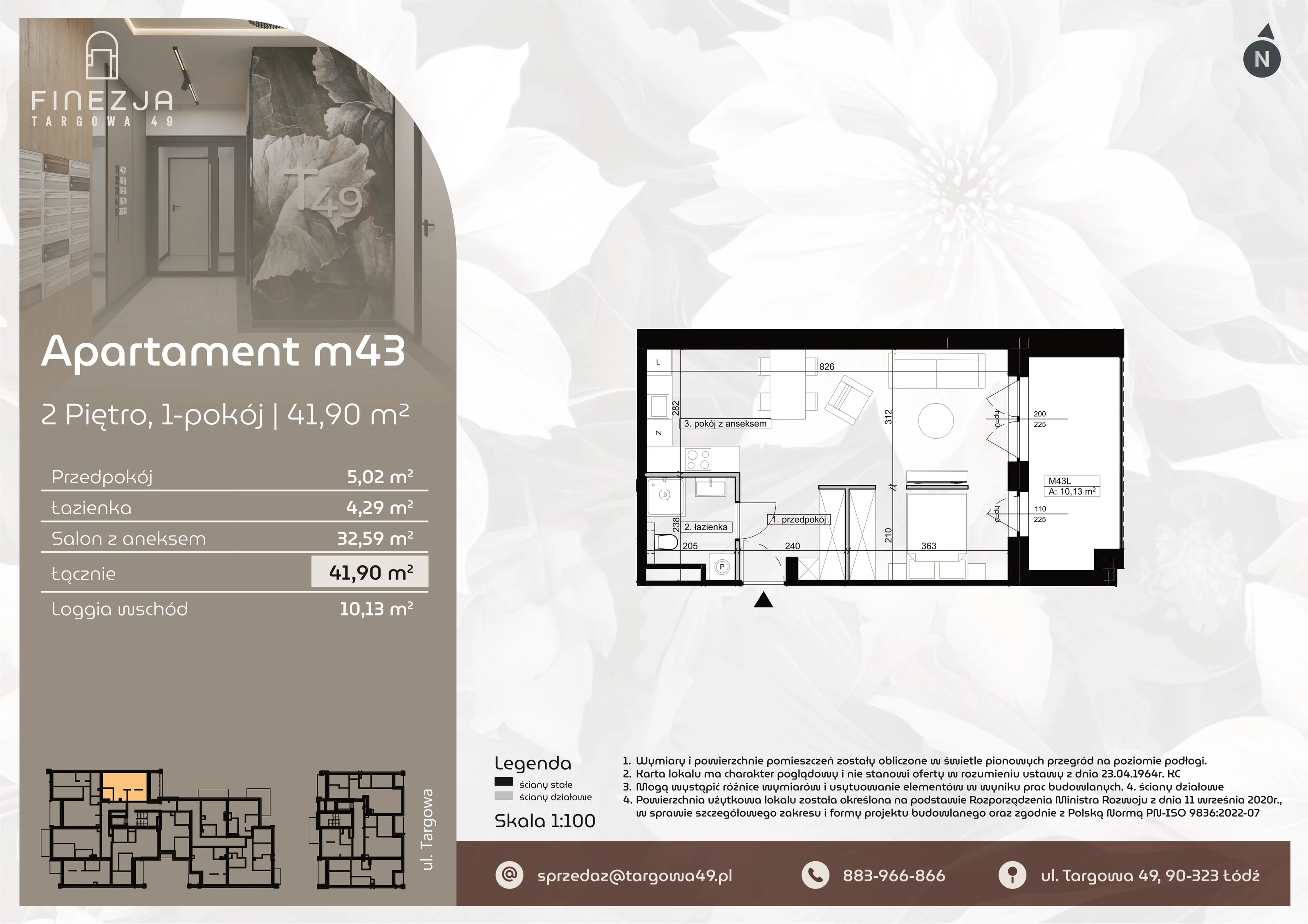 1 pokój, mieszkanie 41,90 m², piętro 2, oferta nr M43, Apartamenty Finezja, Łódź, Widzew, Stary Widzew, ul. Targowa 49