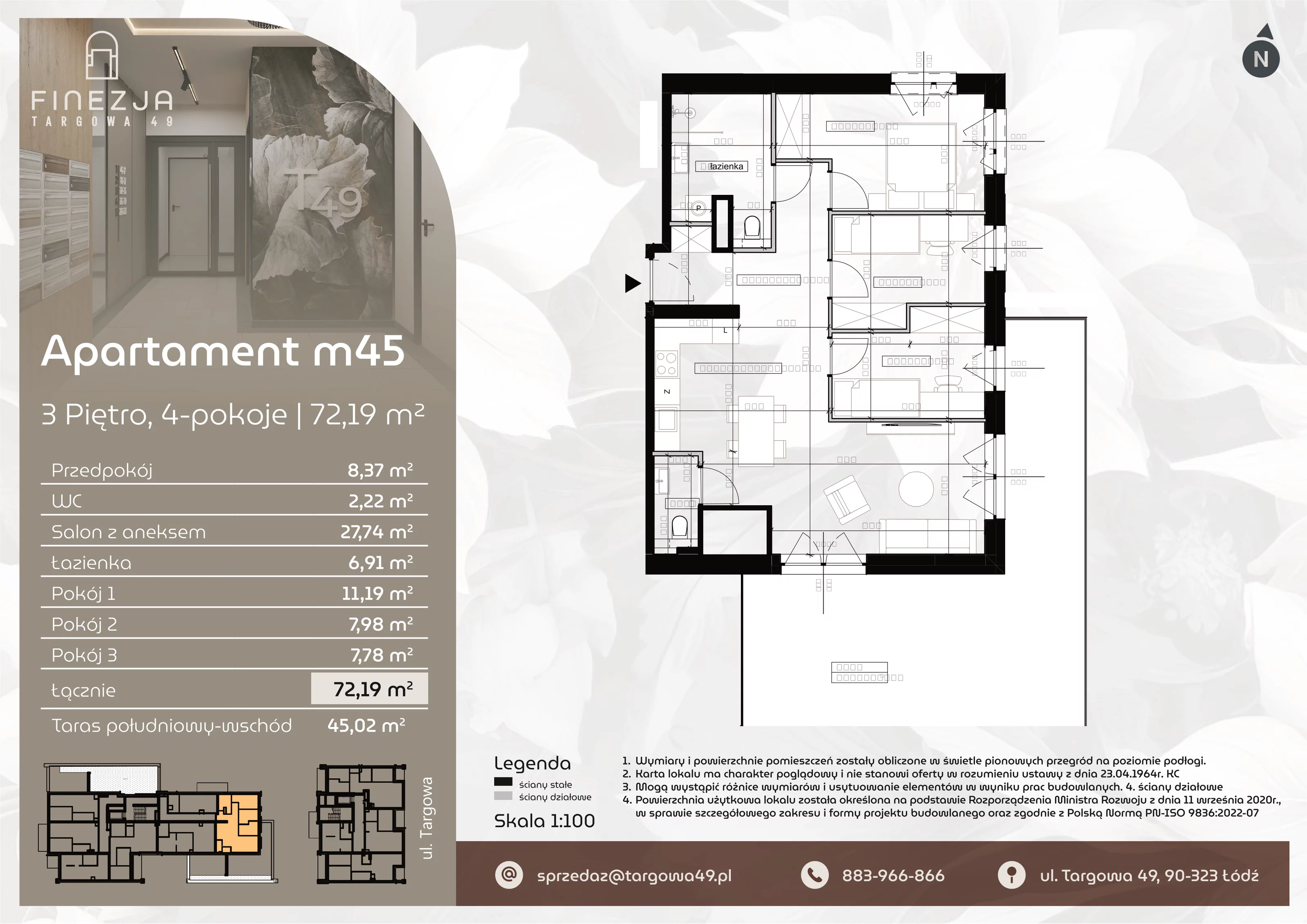 4 pokoje, mieszkanie 72,19 m², piętro 3, oferta nr M45, Apartamenty Finezja, Łódź, Widzew, Stary Widzew, ul. Targowa 49