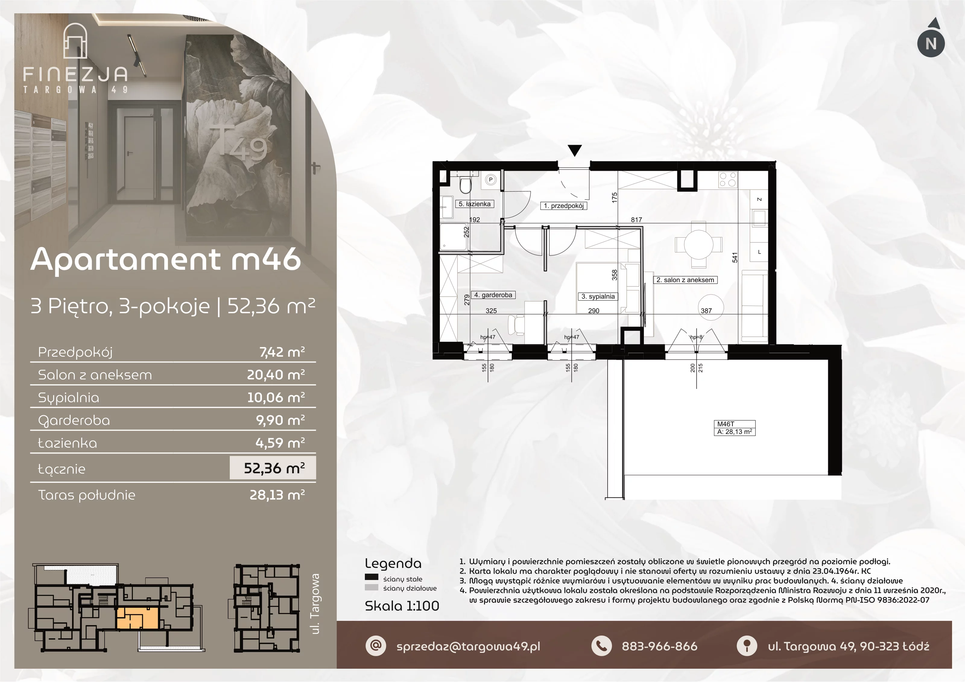2 pokoje, mieszkanie 52,36 m², piętro 3, oferta nr M46, Apartamenty Finezja, Łódź, Widzew, Stary Widzew, ul. Targowa 49