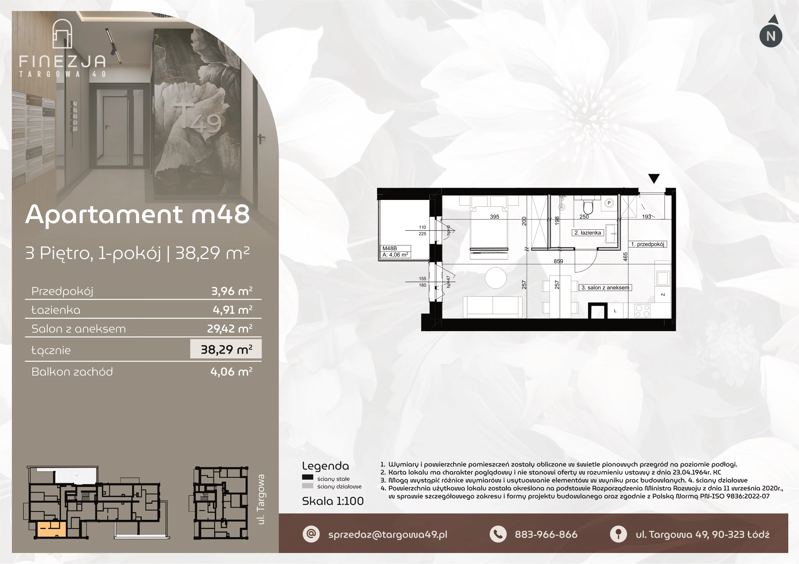 1 pokój, mieszkanie 38,29 m², piętro 3, oferta nr M48, Apartamenty Finezja, Łódź, Widzew, Stary Widzew, ul. Targowa 49