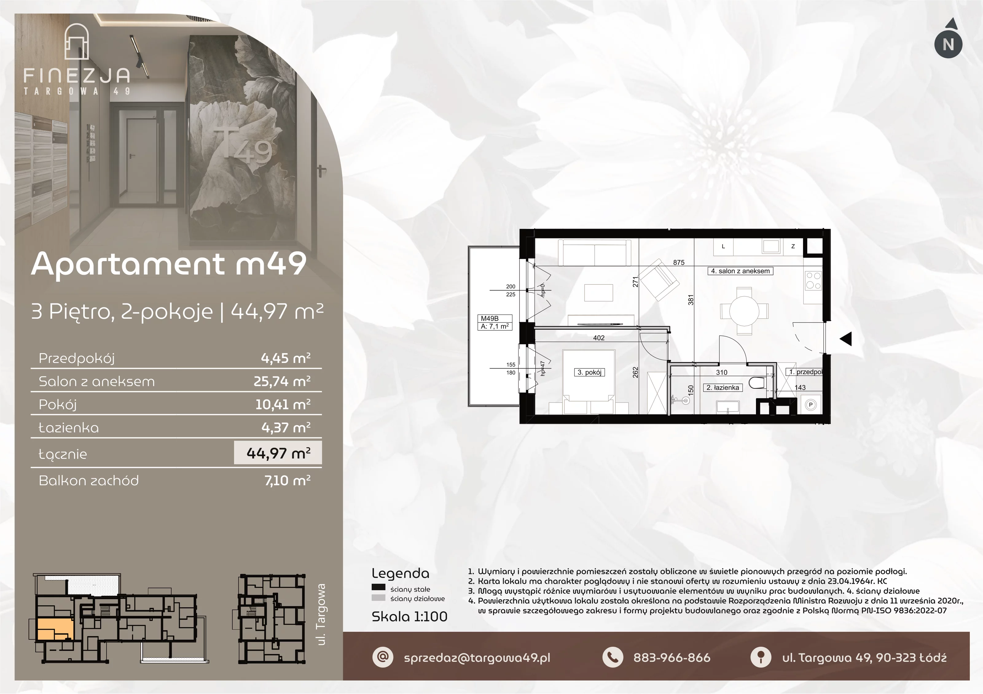 2 pokoje, mieszkanie 44,97 m², piętro 3, oferta nr M49, Apartamenty Finezja, Łódź, Widzew, Stary Widzew, ul. Targowa 49
