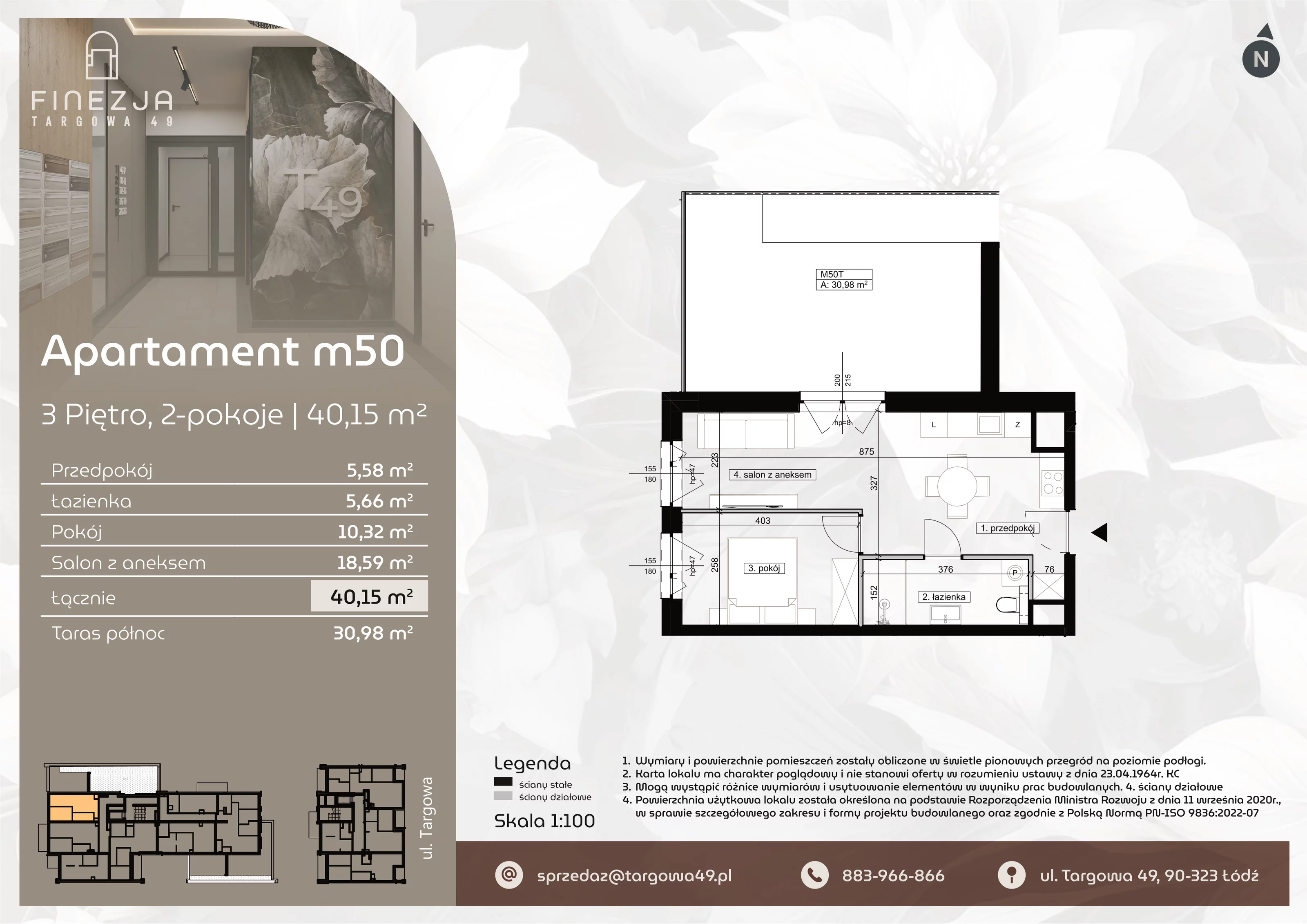 2 pokoje, mieszkanie 40,15 m², piętro 3, oferta nr M50, Apartamenty Finezja, Łódź, Widzew, Stary Widzew, ul. Targowa 49